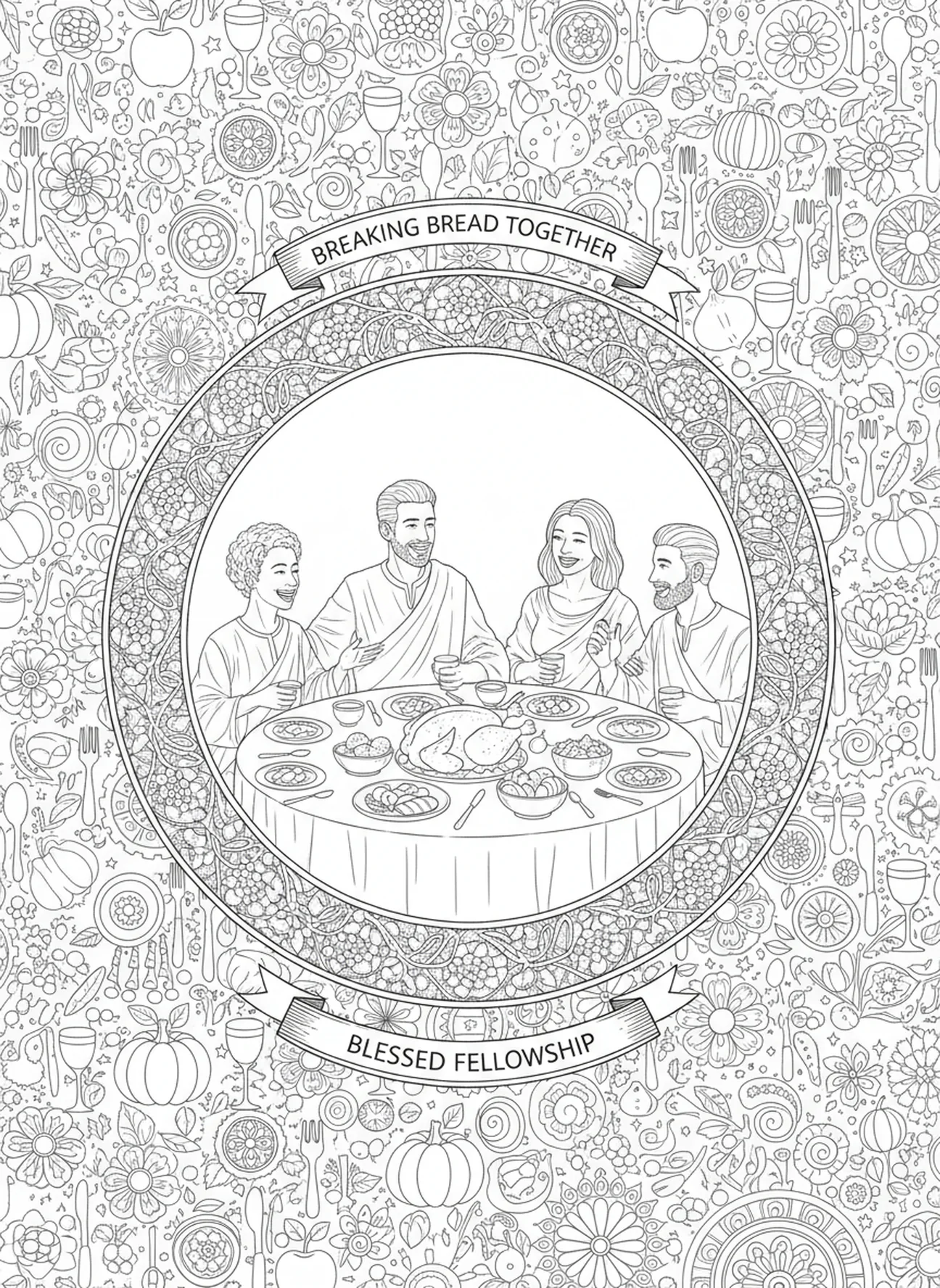 Amigos compartiendo una comida, Filipenses 2:3 página para colorear estilo journaling bíblico para adultos.