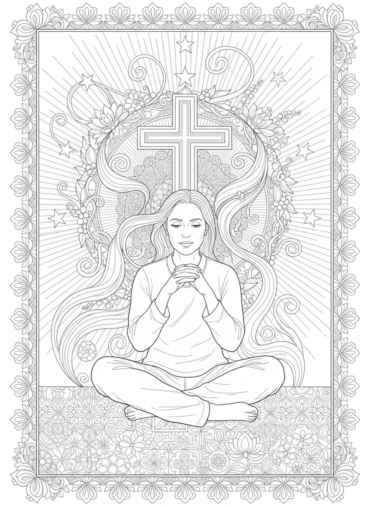 Adulto reflexionando con una cruz, página para colorear de Filipenses 2:3 en estilo de journaling bíblico para adultos.