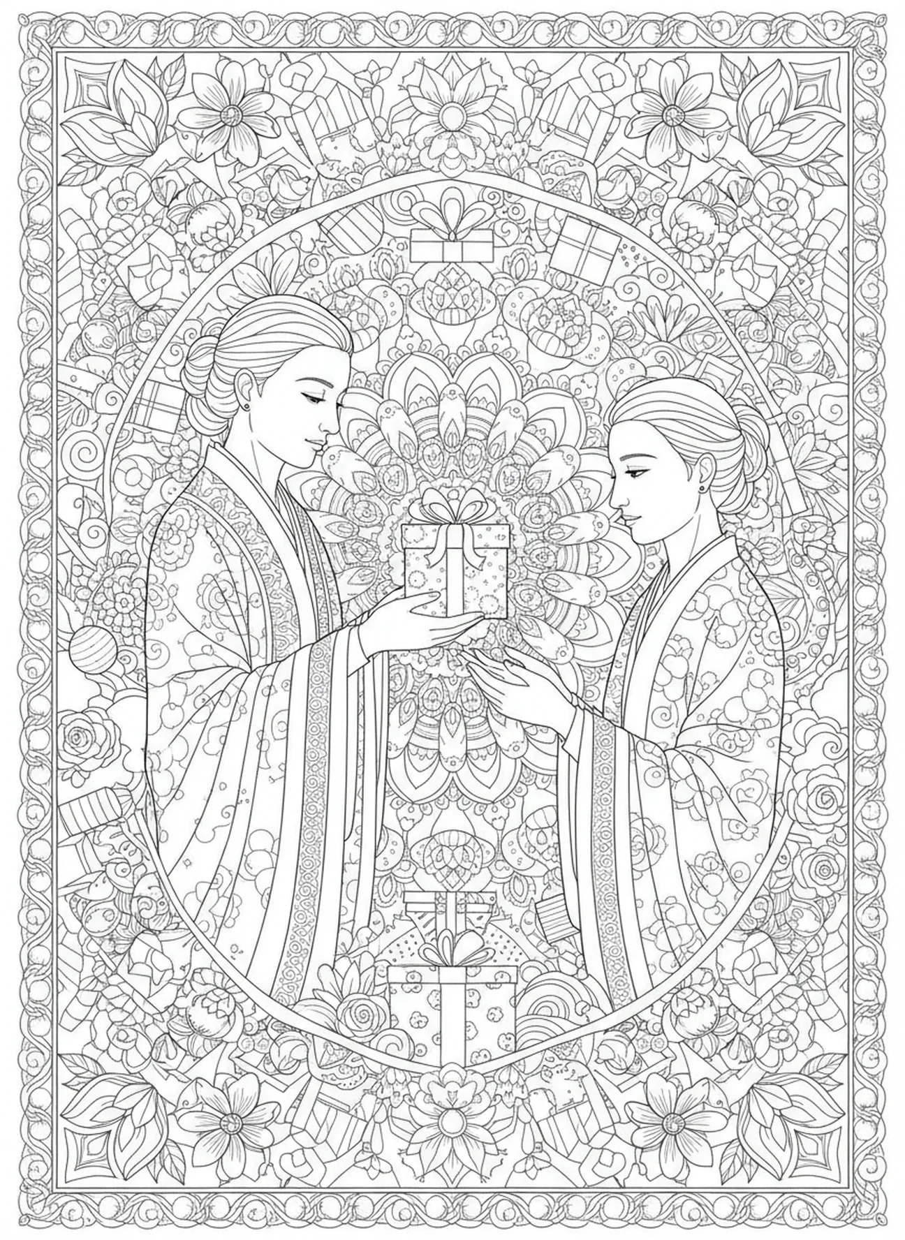 Adulto entregando un regalo, Filipenses 2:3 página para colorear estilo journaling bíblico para adultos.