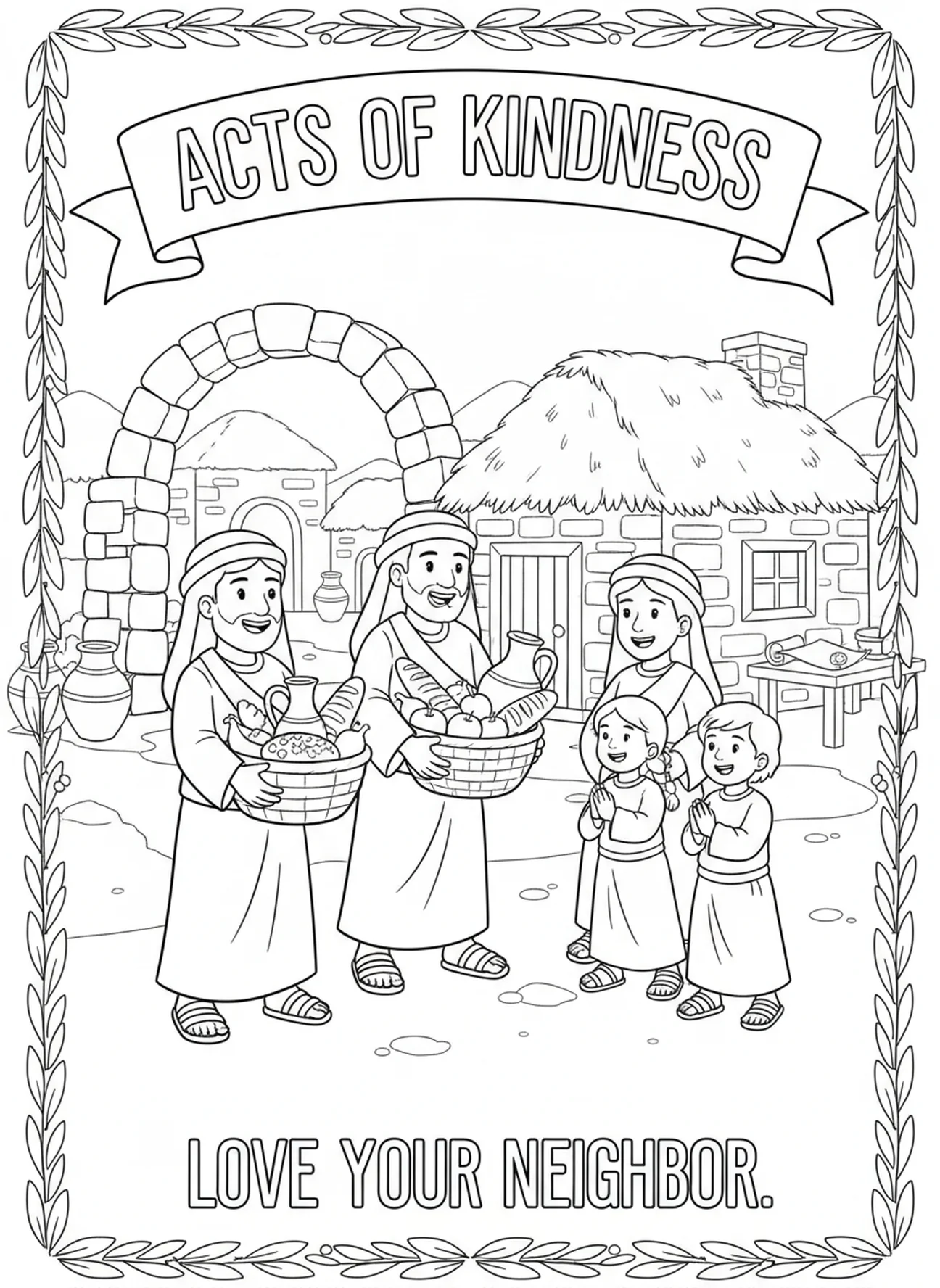 Discípulos servindo à comunidade, Filipenses 2:3 página para colorir para crianças da Escola Dominical de 5 a 12 anos.