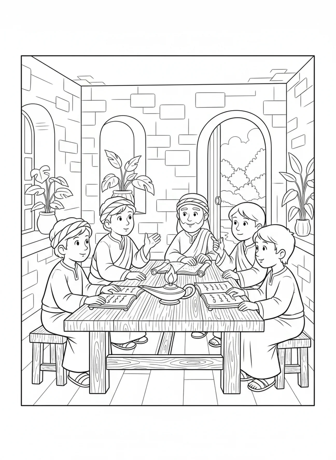 Grupo de discípulos discutindo, página para colorir Filipenses 2:3 para crianças da Escola Dominical de 5 a 12 anos.