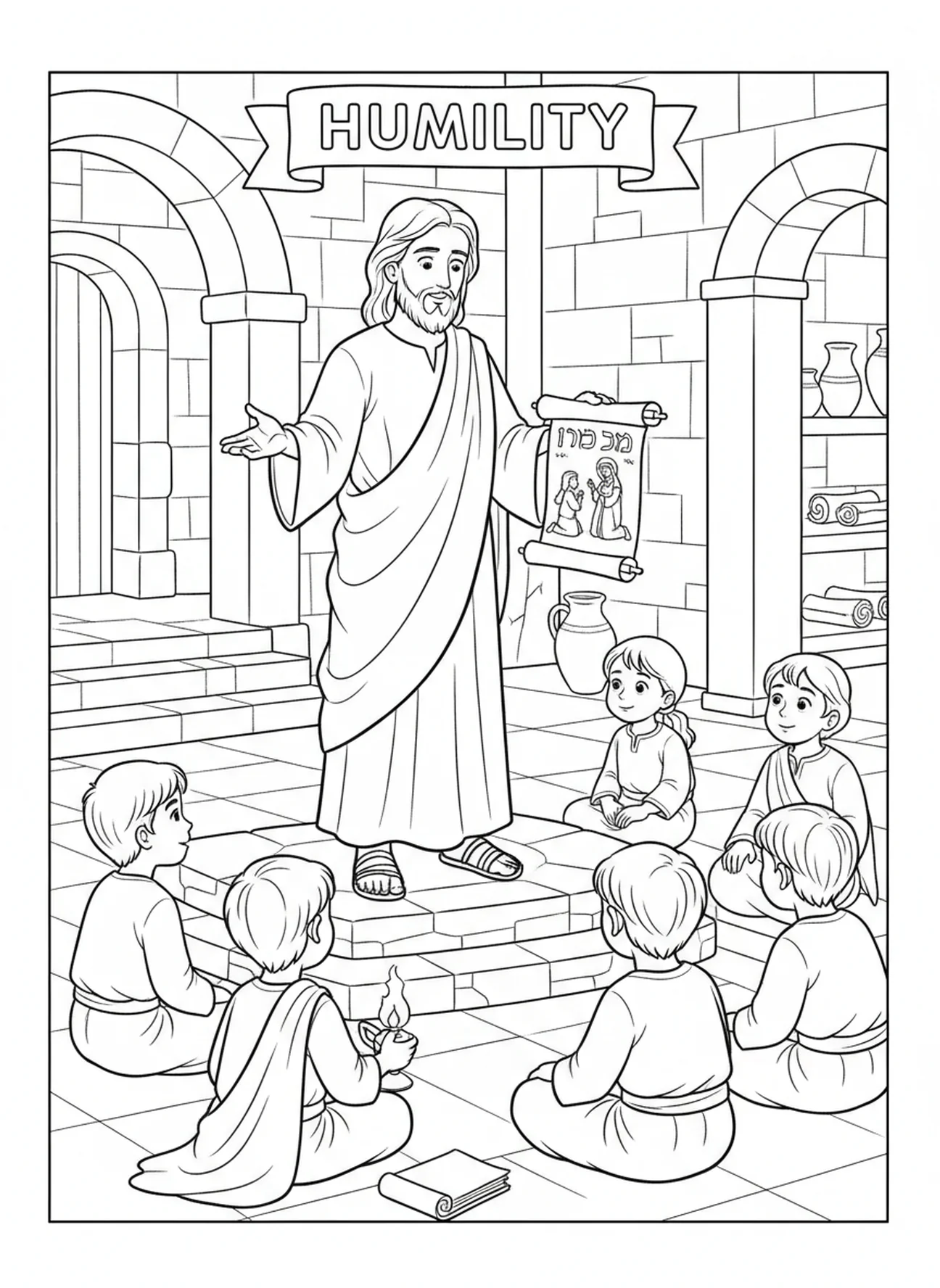 Jesus ensinando sobre humildade, Filipenses 2:3 página de colorir para crianças da Escola Dominical de 5 a 12 anos.