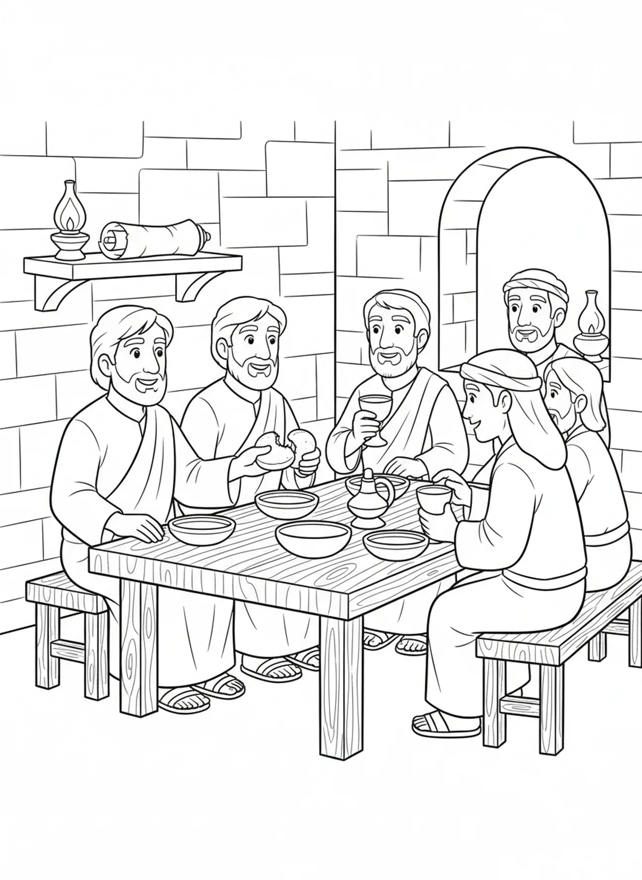 Discípulos compartilhando uma refeição, Filipenses 2:3 página para colorir para crianças da Escola Dominical de 5 a 12 anos.