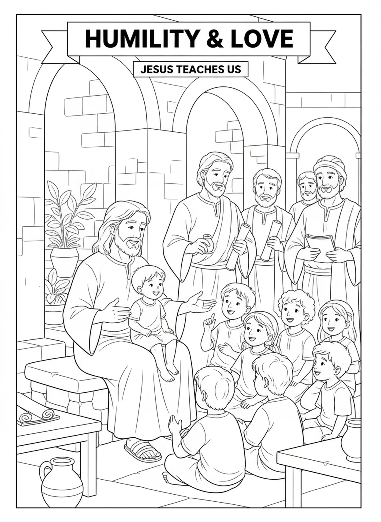 Jesus ensinando humildade e amor, Filipenses 2:3 página para colorir para crianças da Escola Dominical de 5 a 12 anos.
