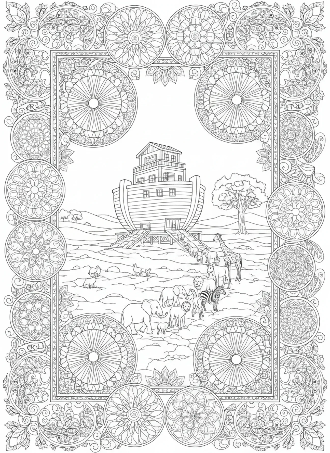 Animais saindo da arca com alegria, página para colorir de Filipenses 4:13 no estilo de journaling bíblico para adultos.