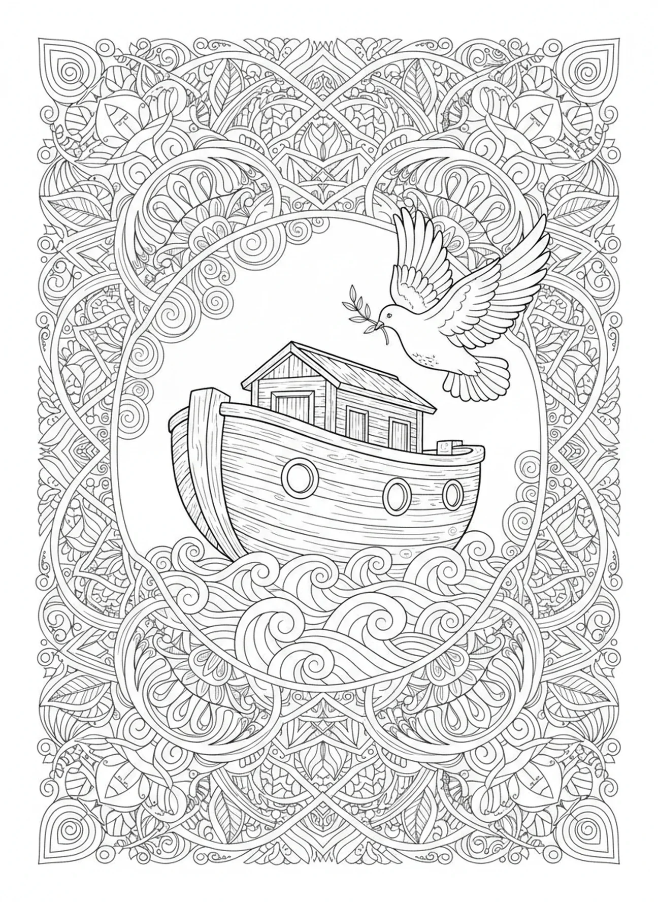 Pomba com ramo de oliveira se aproximando da arca, Filipenses 4:13 página para colorir no estilo de journaling bíblico para adultos.