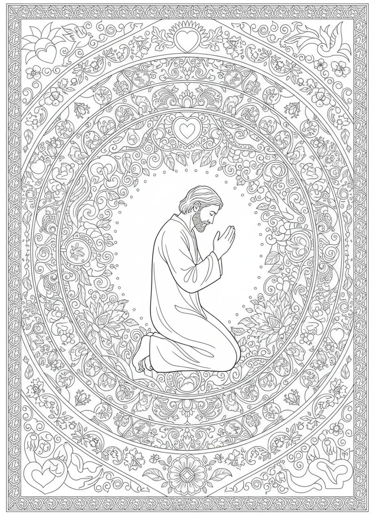 Noé em oração, página para colorir Filipenses 4:13 no estilo de journaling bíblico para adultos.
