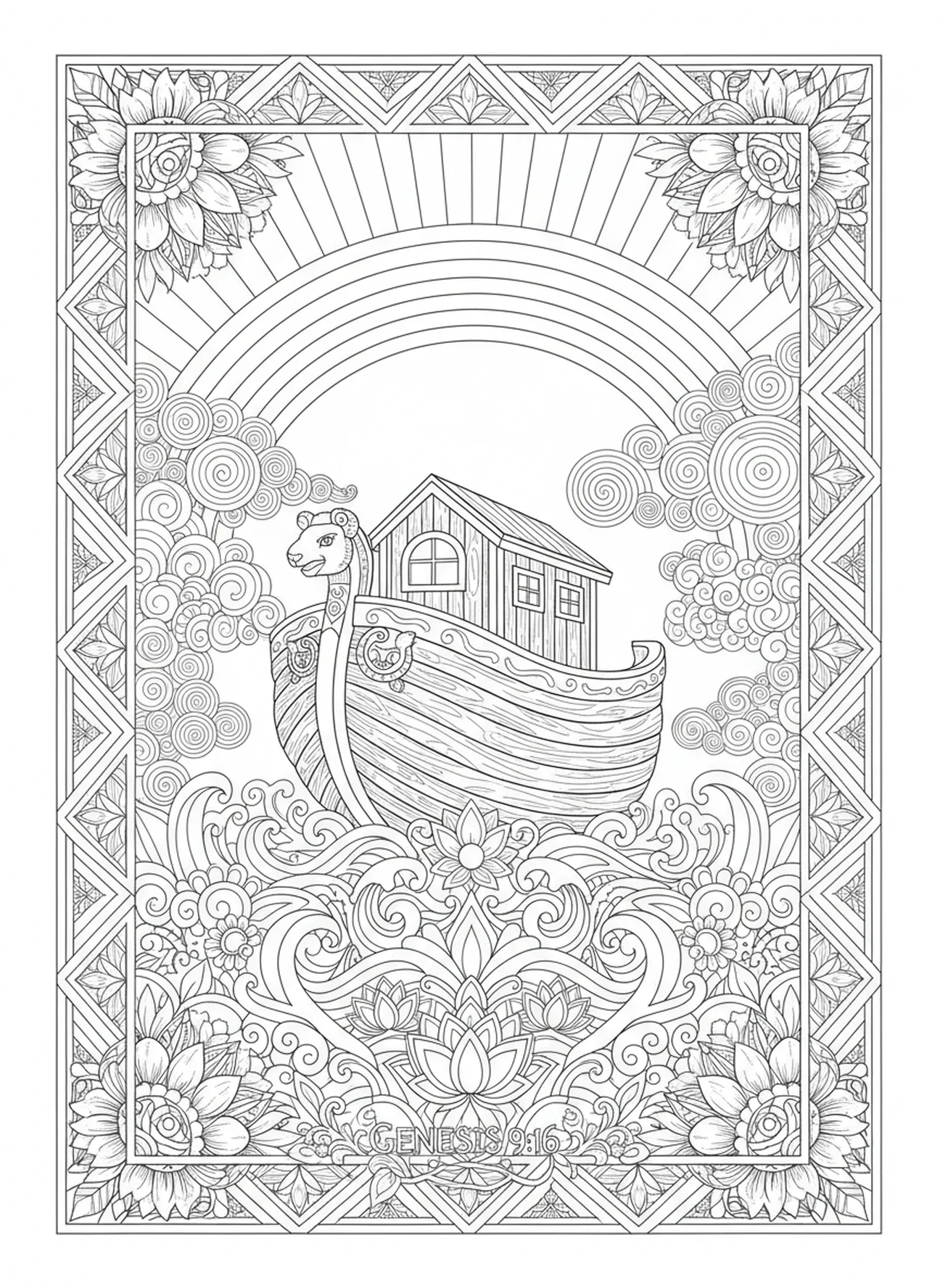 Arca sob um arco-íris, página de colorir Filipenses 4:13 para adultos no estilo de journaling bíblico.