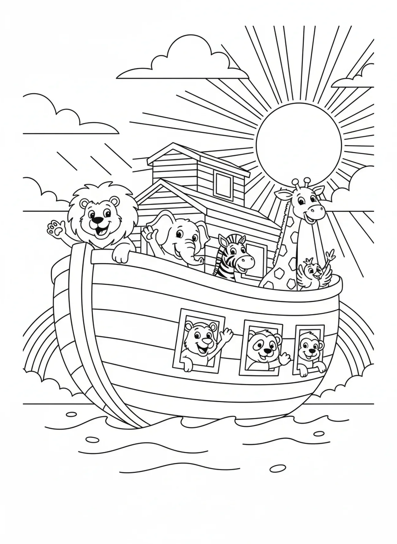 Animales saludando desde el arca, página para colorear de Filipenses 4:13 para niños de 5 a 10 años