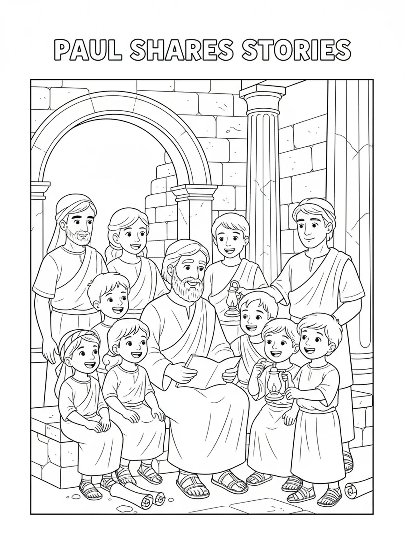 Paul se liant avec ses disciples, page à colorier Philippiens 4:13 pour les enfants de l'École du dimanche âgés de 5 à 12 ans.