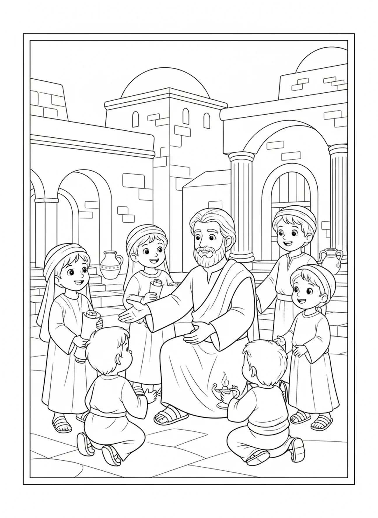 Paul encourageant les enfants, page à colorier Philippiens 4:13 pour les enfants de l'École du dimanche âgés de 5 à 12 ans.