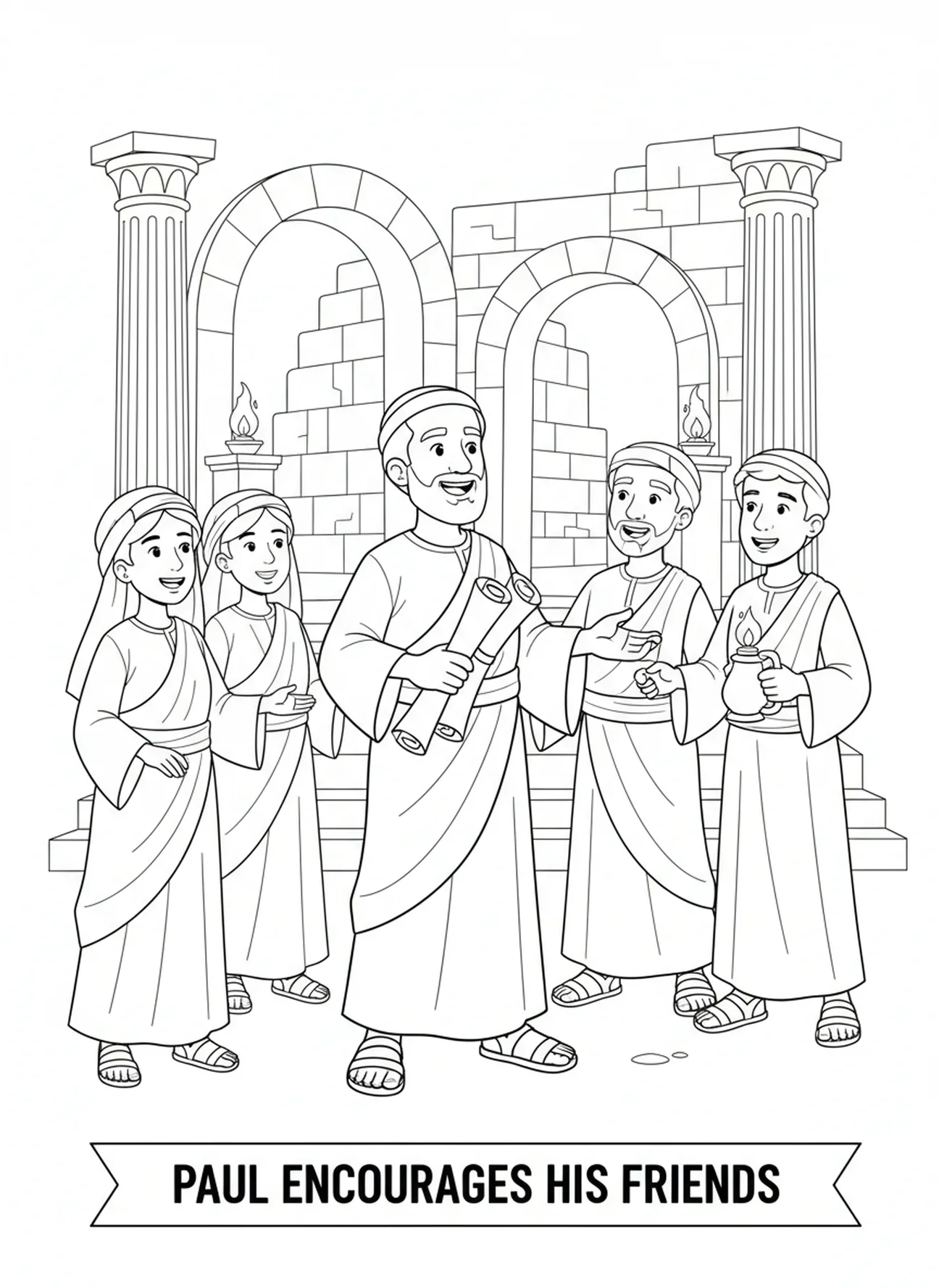 Paul encourage ses amis, page à colorier Philippiens 4:13 pour les enfants de l'École du dimanche âgés de 5 à 12 ans.