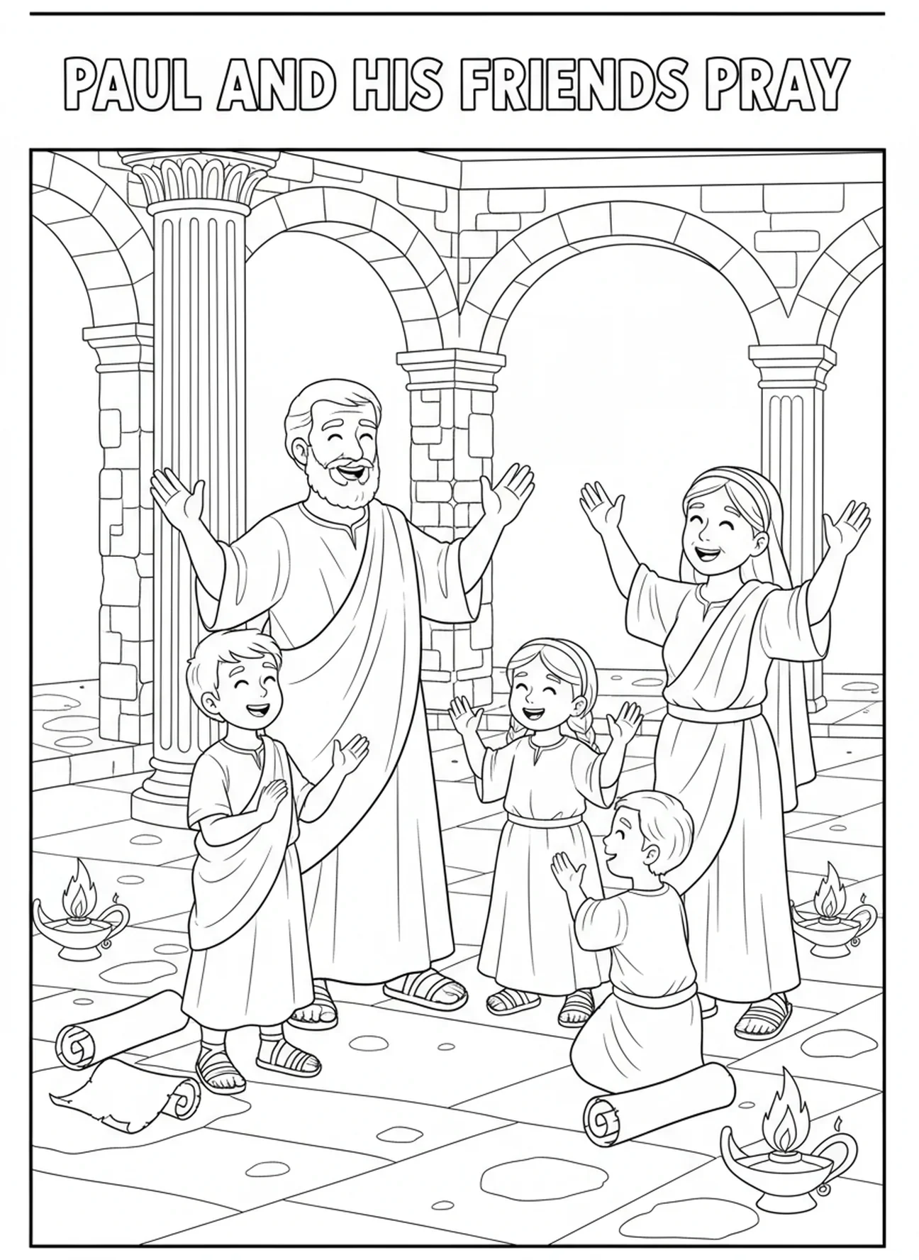Paul et ses amis en prière, page à colorier Philippiens 4:13 pour les enfants de l'École du dimanche âgés de 5 à 12 ans.