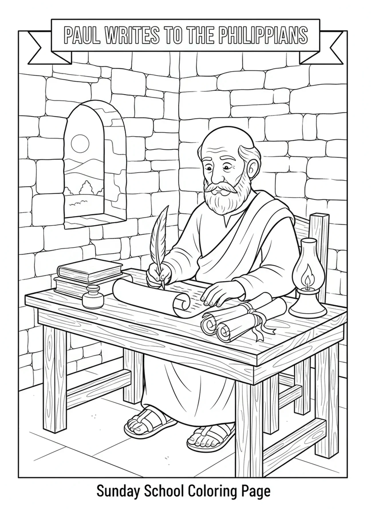Paul écrivant une lettre, page à colorier Philippiens 4:13 pour les enfants de l'École du dimanche âgés de 5 à 12 ans.