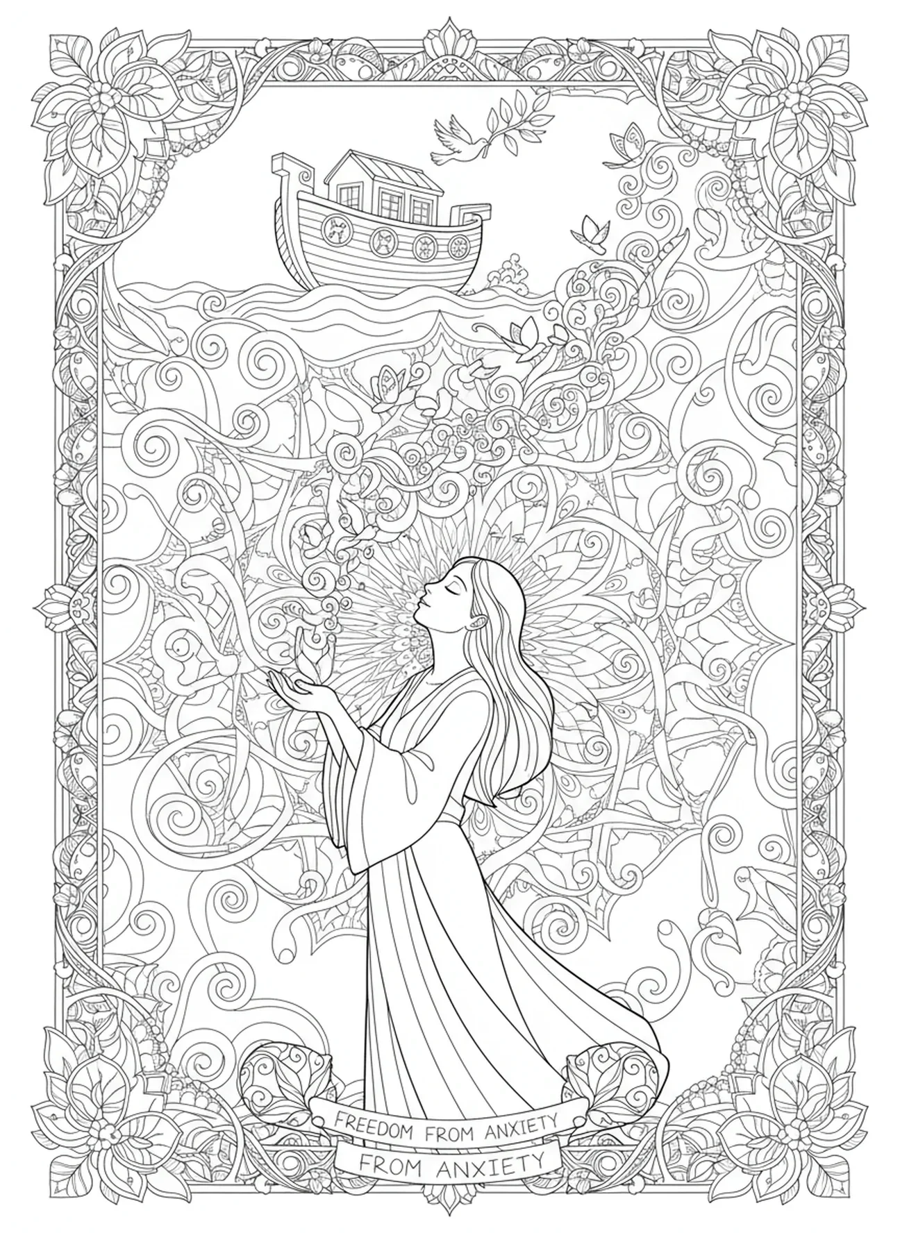 Figur, die Sorgen loslässt, Ausmalbild für Erwachsene im Bibel-Journaling-Stil, Philipper 4, 6