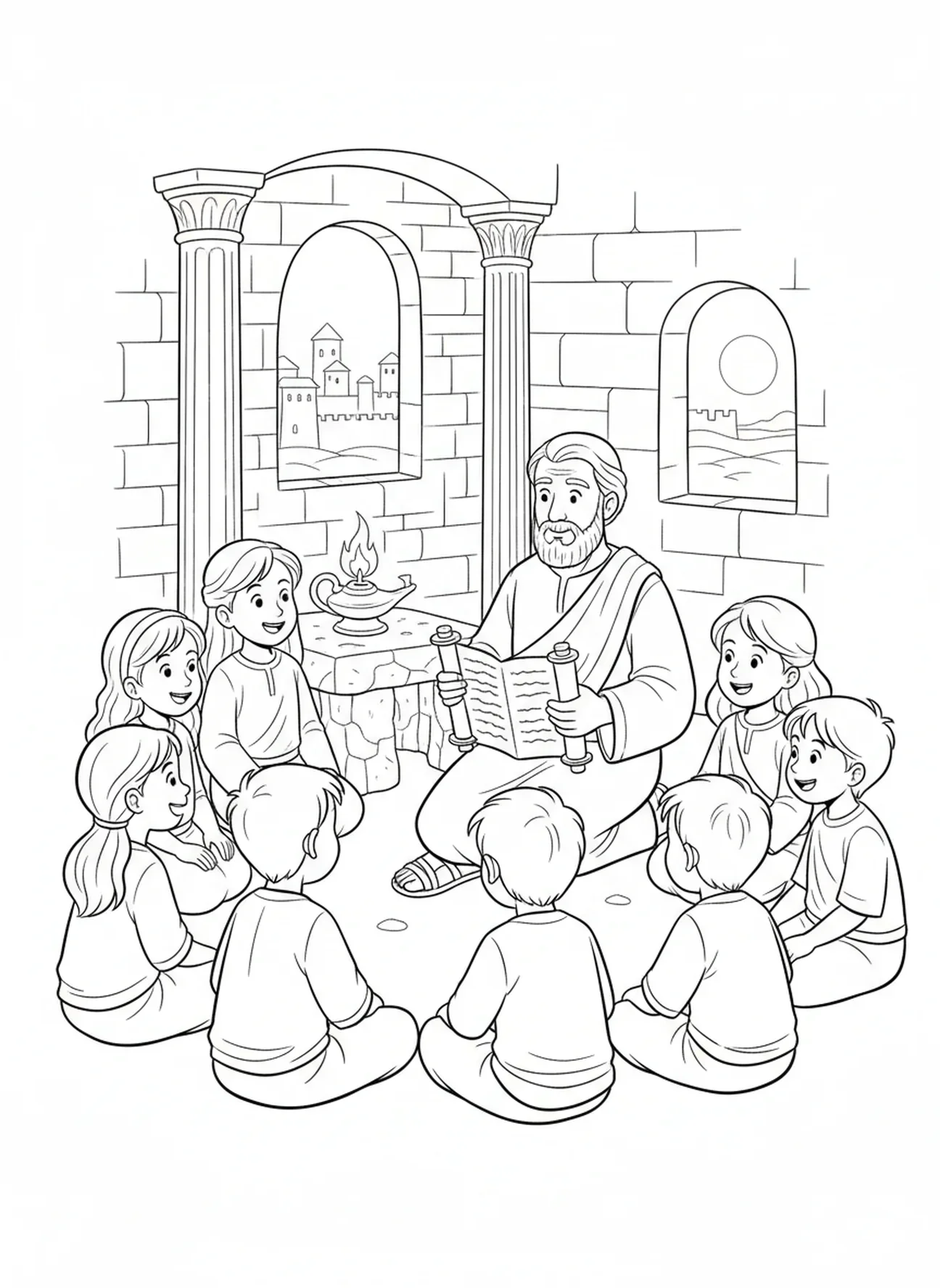 Crianças ouvindo, página para colorir Filipenses 4:6 para crianças da Escola Dominical de 5 a 12 anos