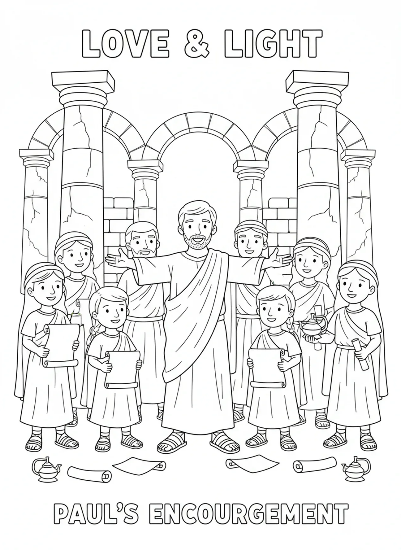 Pablo encorajando, página de colorir Filipenses 4:6 para crianças da Escola Dominical de 5 a 12 anos