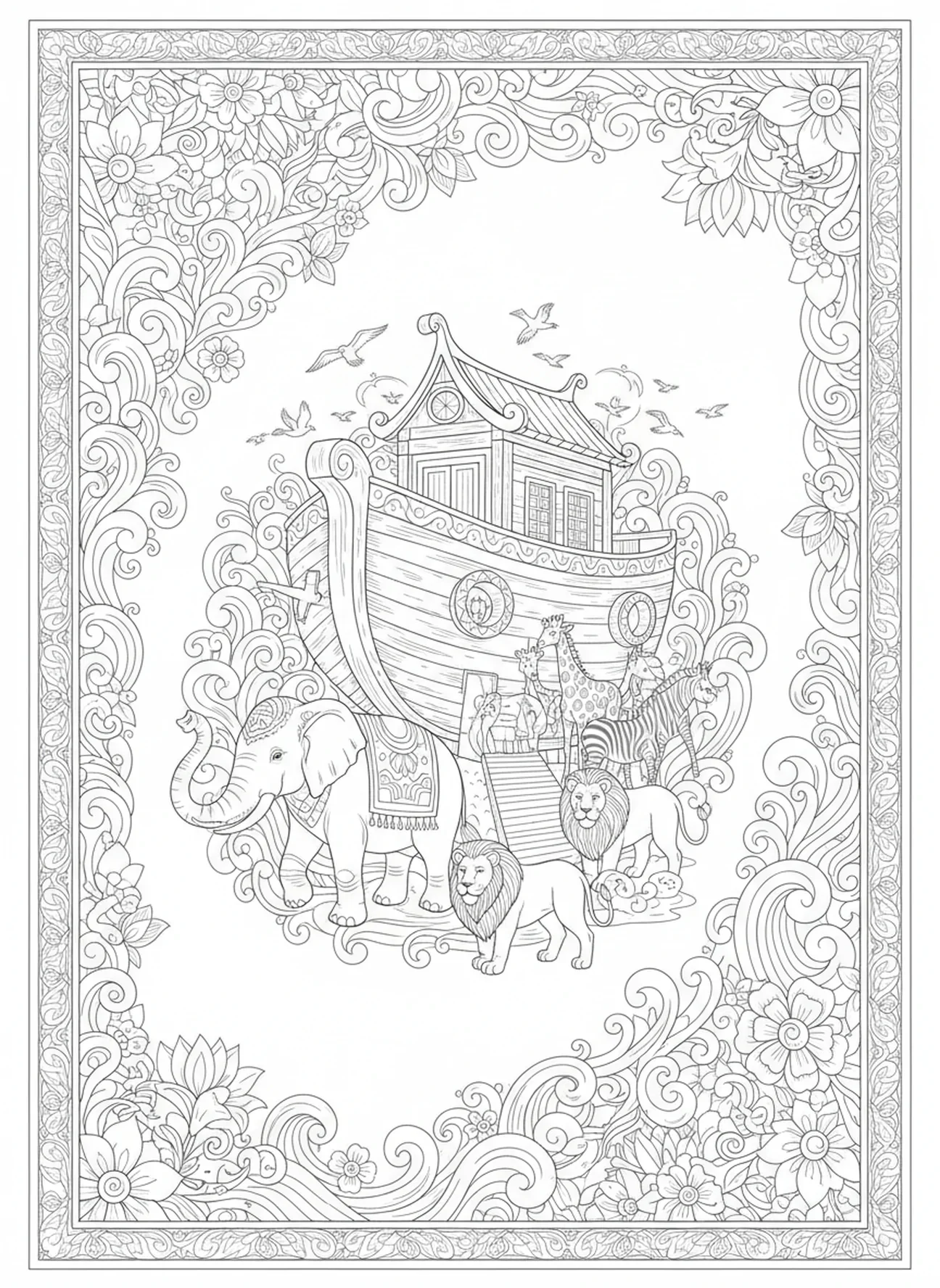 Paires d'animaux montant à bord de l'arche, page à colorier Louez le Seigneur pour le style de journal biblique pour adultes.