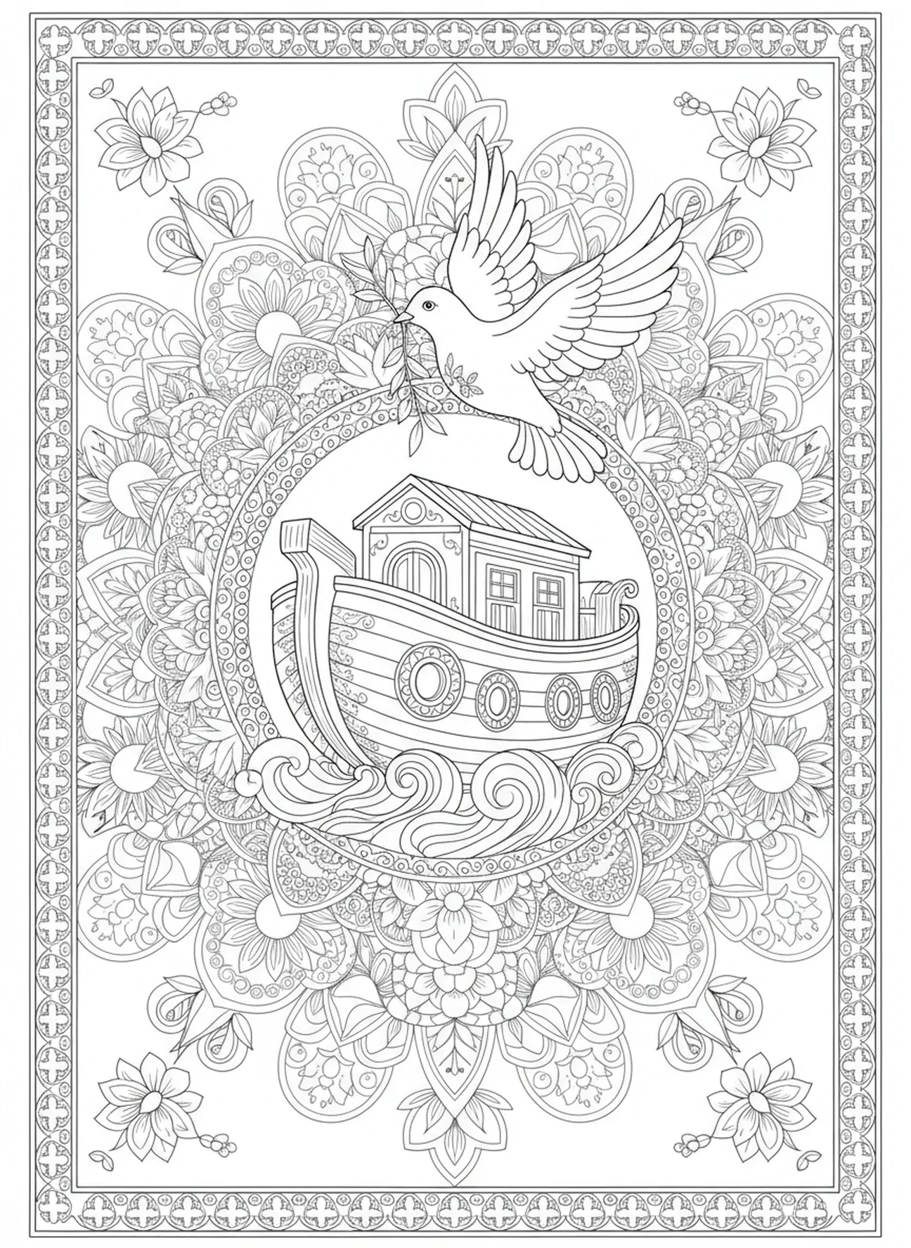 Colombe portant une branche d'olivier, page à colorier Louez le Seigneur pour le style de journal biblique pour adultes.