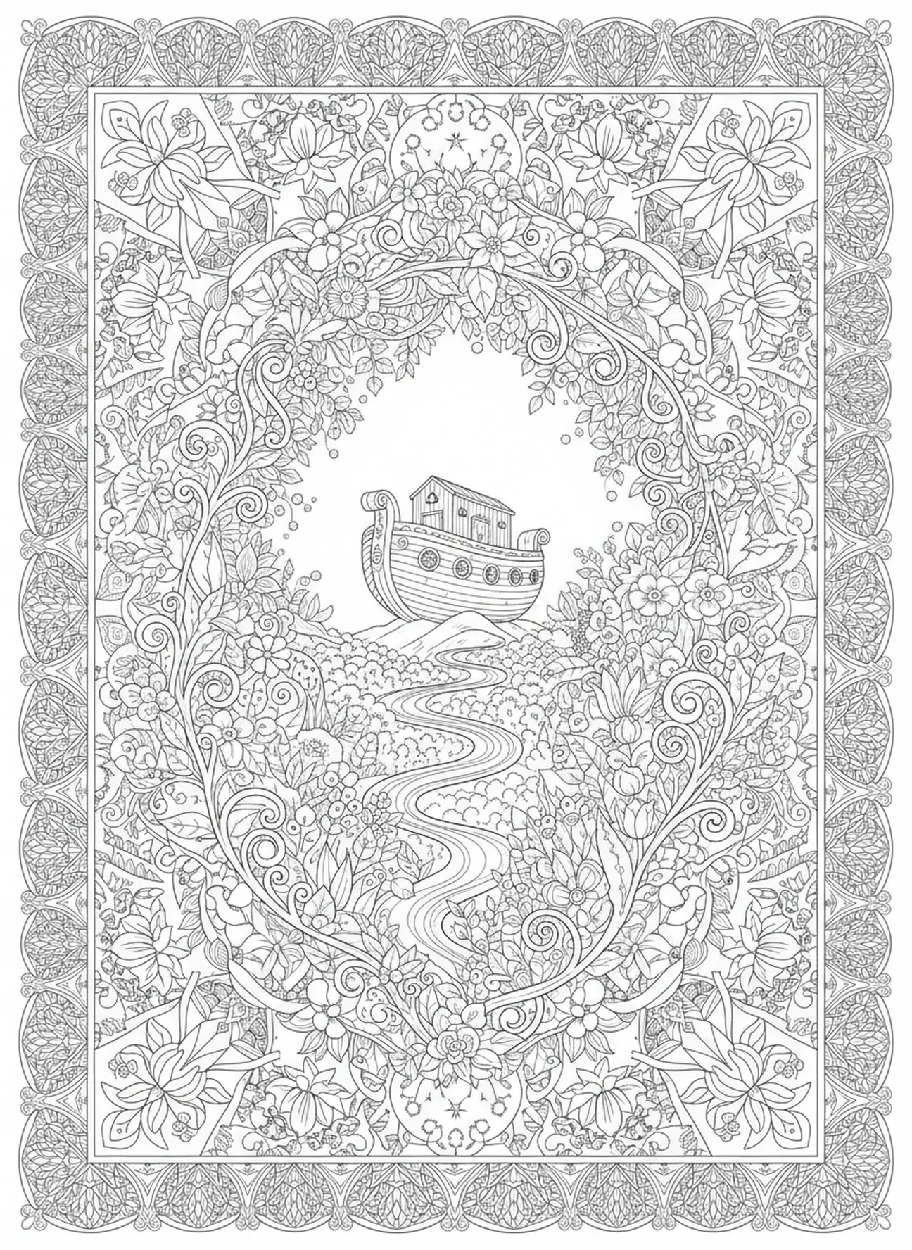 Paysage verdoyant après le déluge, page à colorier Louez le Seigneur pour le style de journal biblique pour adultes.