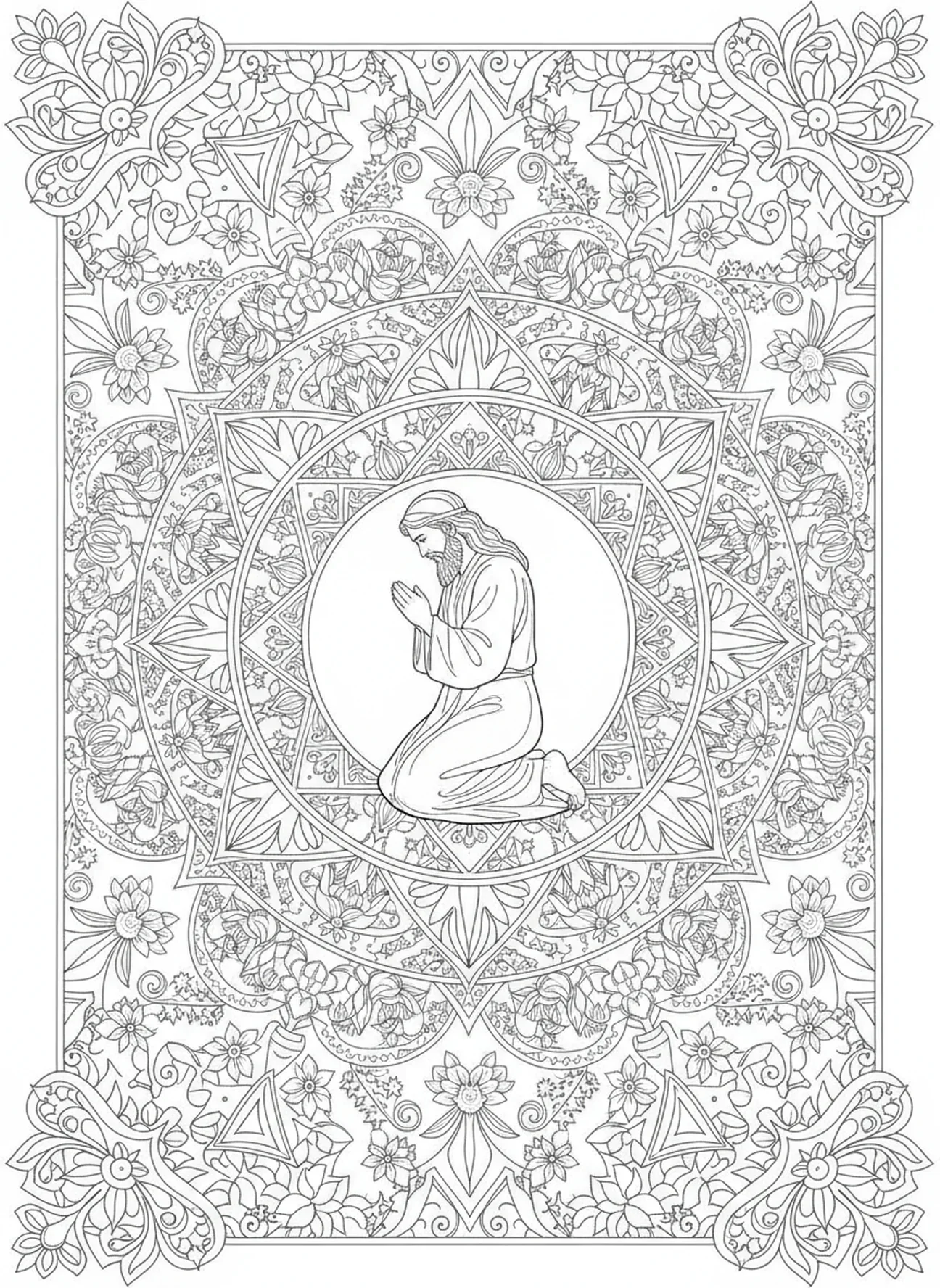 Noé à genoux en adoration, page à colorier Louez le Seigneur pour le style de journal biblique pour adultes.
