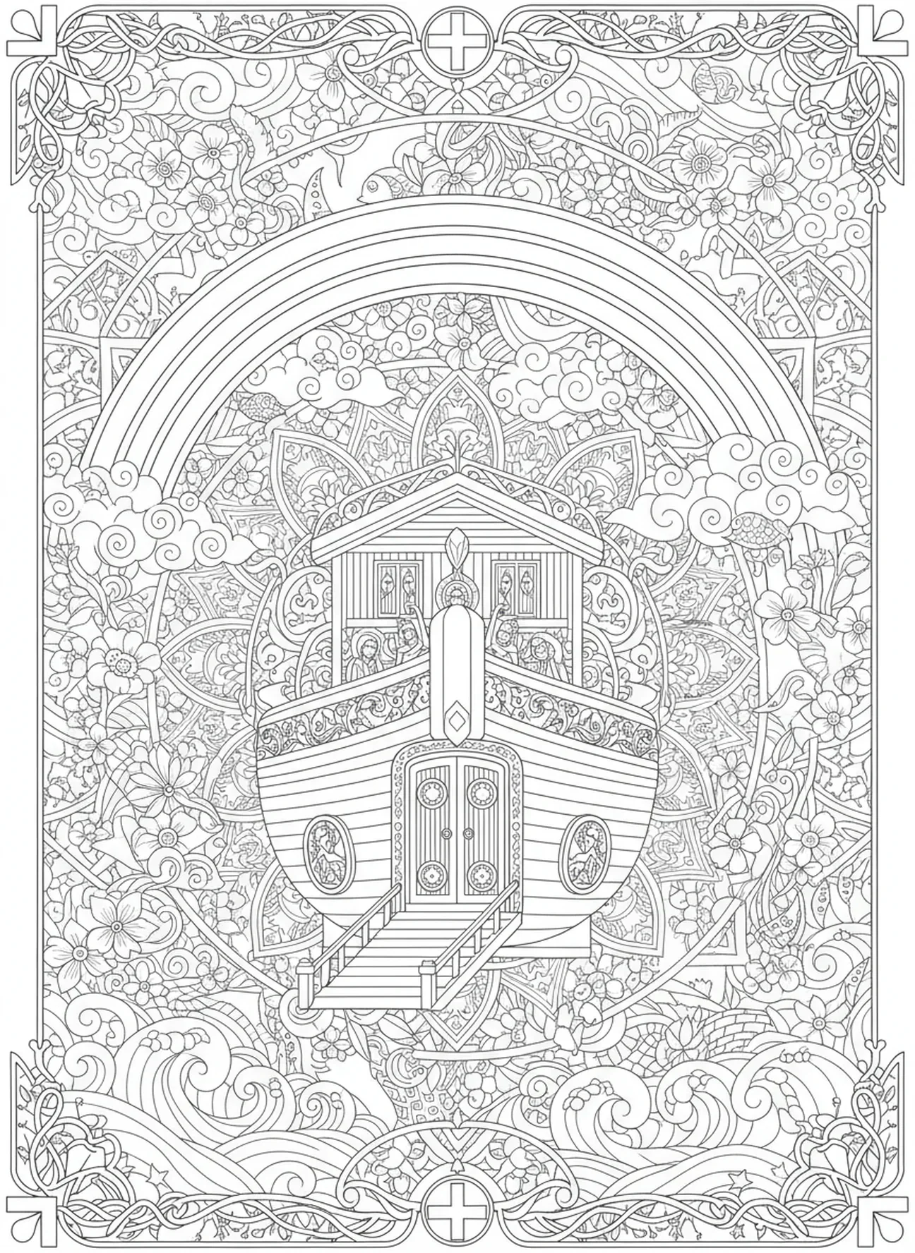 Arc-en-ciel au-dessus de l'arche, page à colorier Louez le Seigneur pour le style de journal biblique pour adultes.
