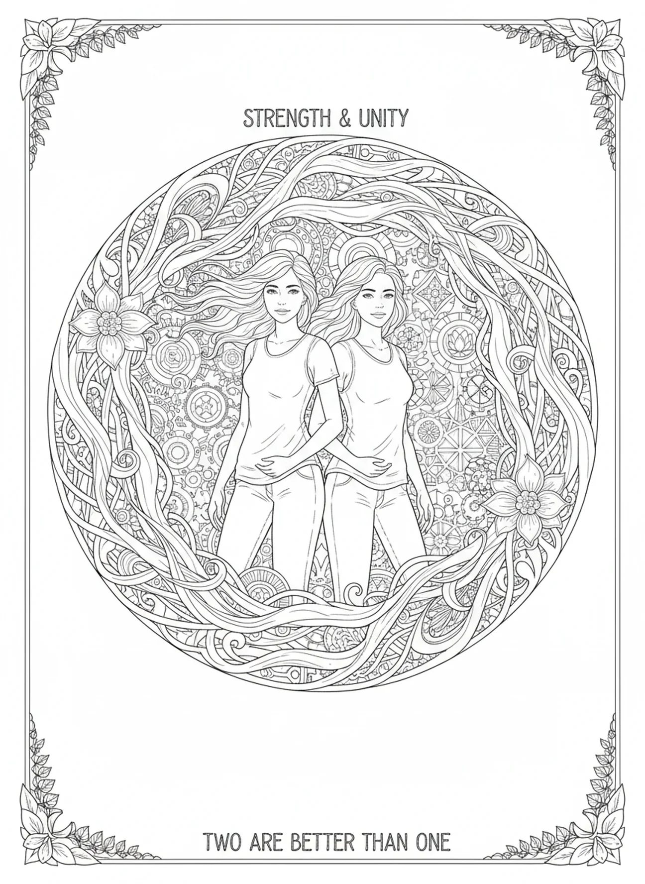 Dois amigos firmes, Provérbios 17:17 Amigo Ama página para colorir estilo Bíblia para adultos.