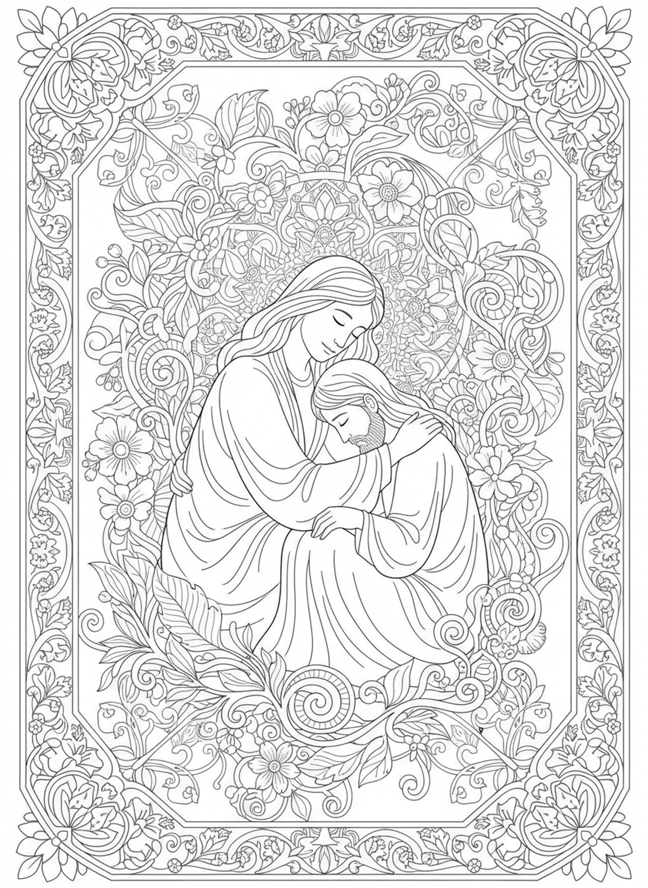 Uma pessoa confortando outra, Provérbios 17:17 Amigo ama em todo o tempo página para colorir para adultos estilo de diário bíblico.