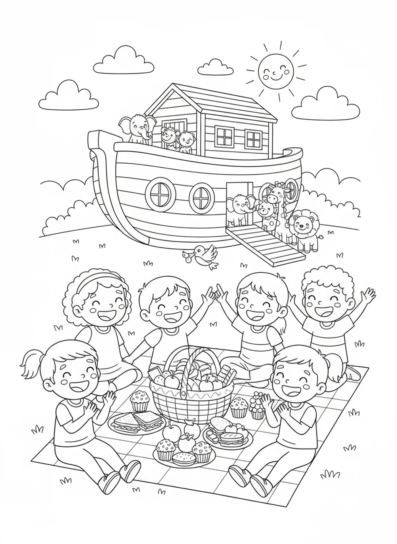 Gruppe von Kindern beim Picknick, Sprüche 17,17 Freund liebt Ausmalbild für Kinder im Alter von 5-10 Jahren