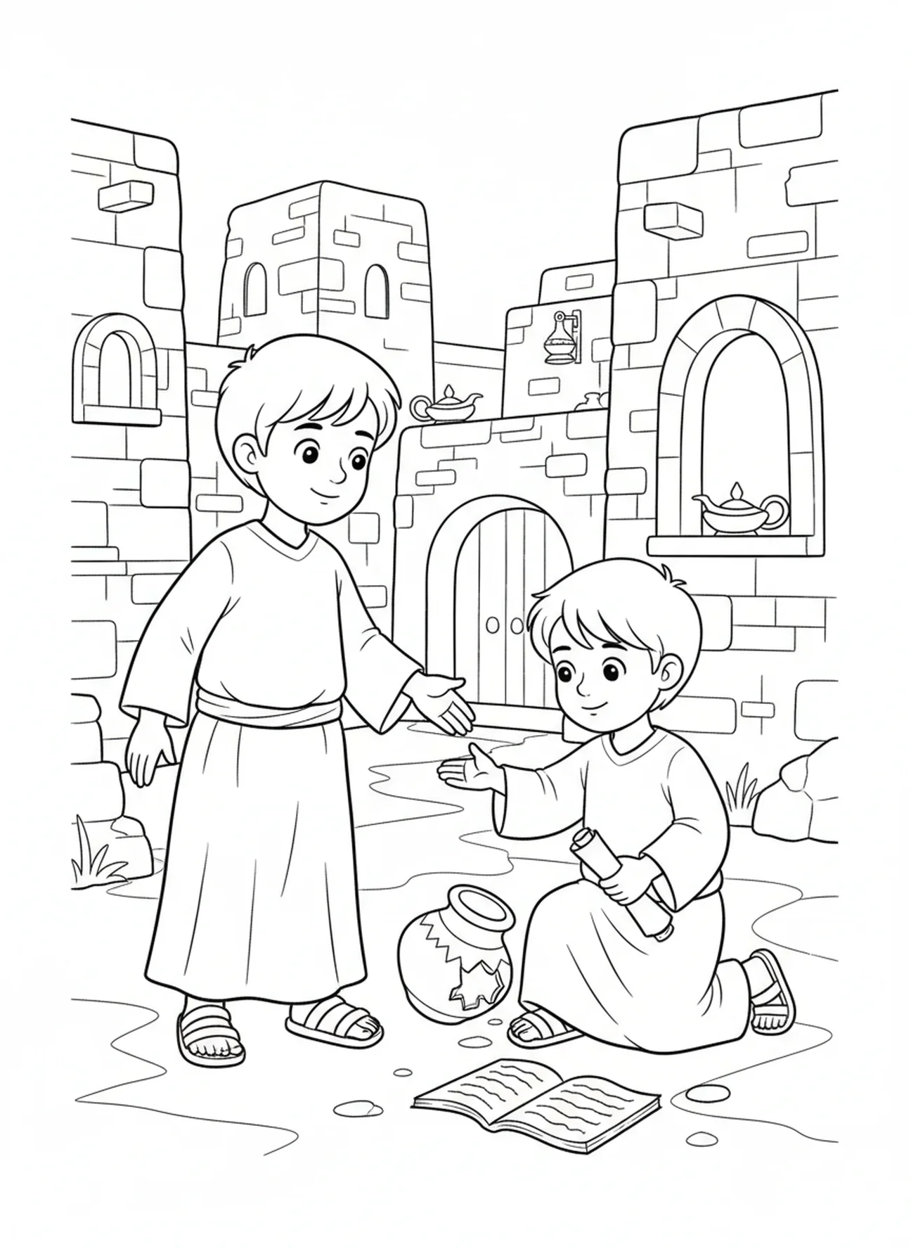 Amigo ajudando outro, Provérbios 17:17 Amigo ama página para colorir para crianças da Escola Dominical de 5 a 12 anos.