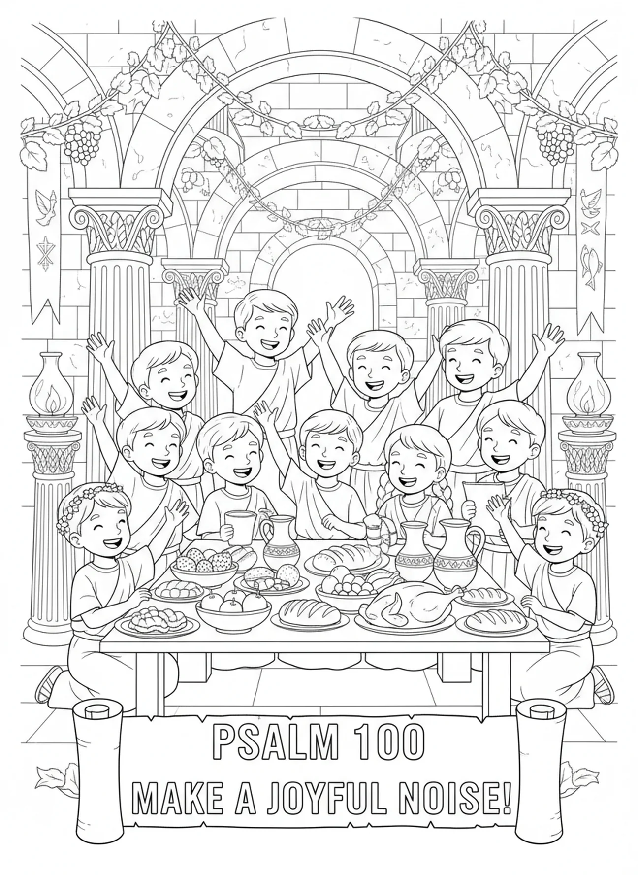Amigos celebrando uma festa, Provérbios 17:17 Amigo ama, página para colorir para crianças da Escola Dominical de 5 a 12 anos.