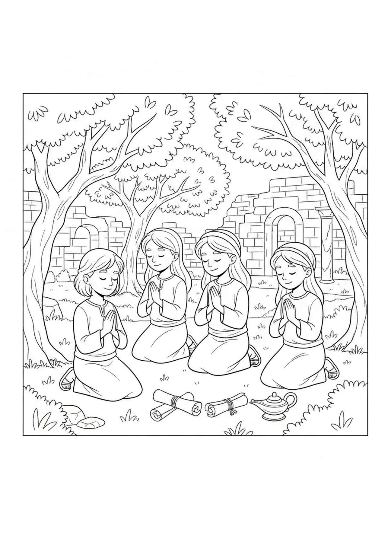Grupo de amigos orando, Provérbios 17:17 Amigo ama é uma página para colorir para crianças da Escola Dominical de 5 a 12 anos.