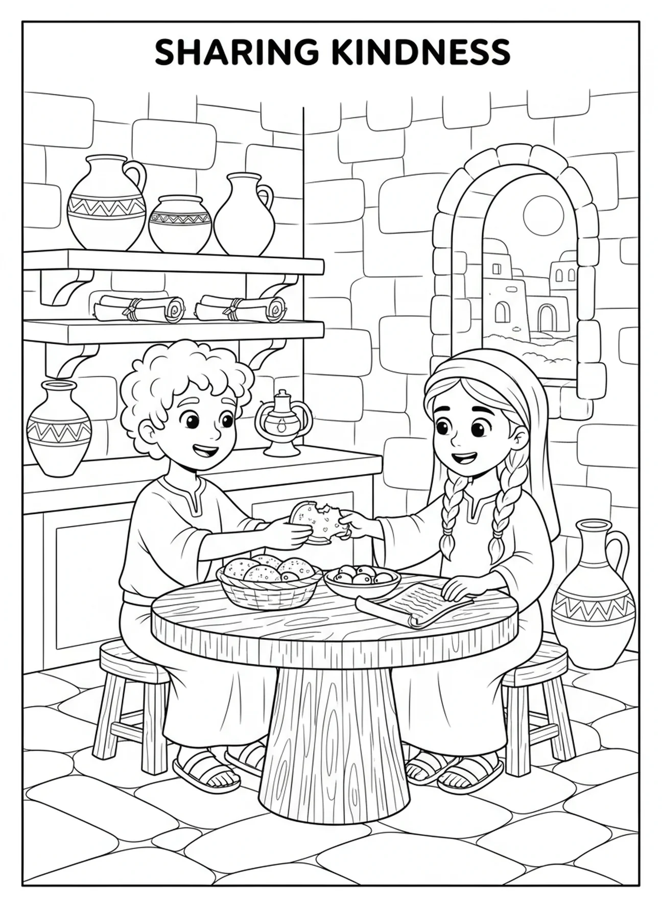 Dois amigos compartilhando comida, Provérbios 17:17 Amigo Ama página para colorir para crianças da Escola Dominical de 5 a 12 anos.