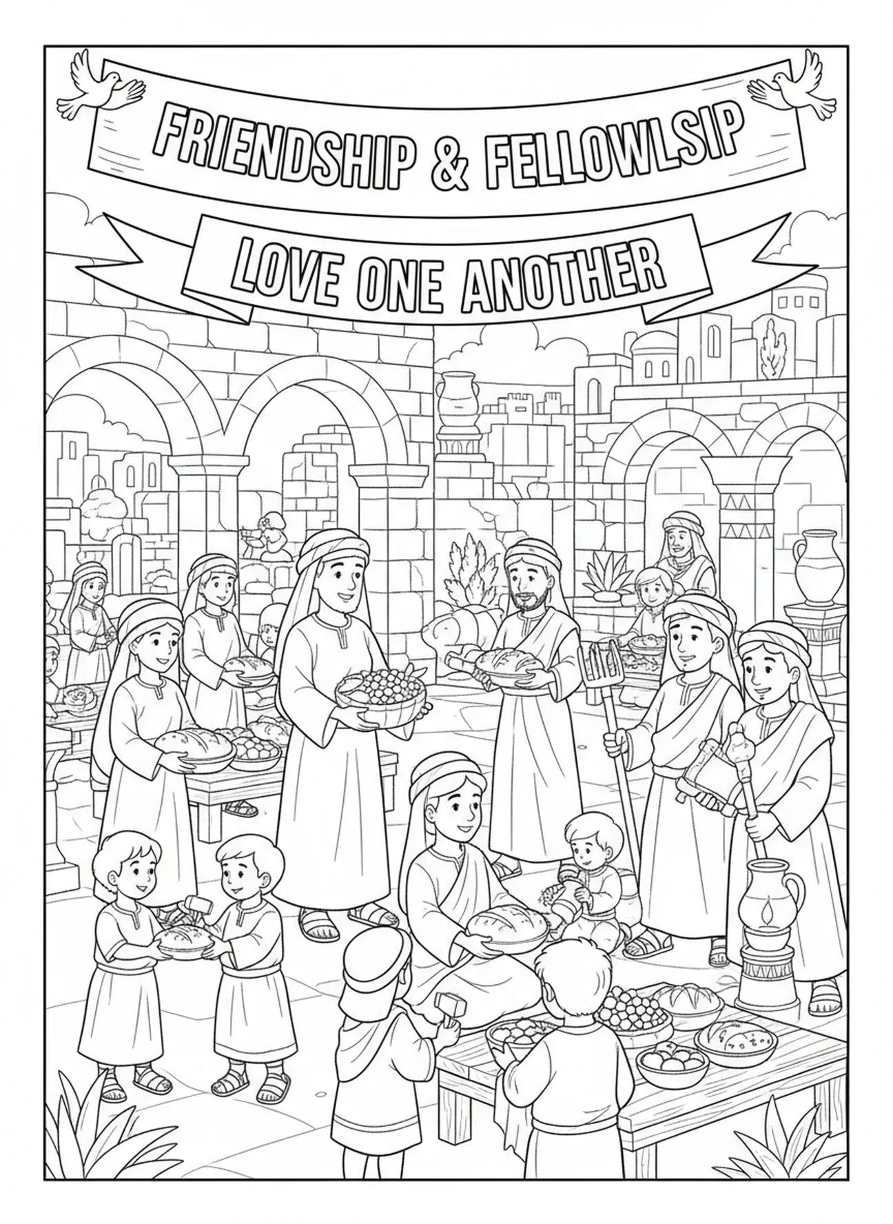 Communauté célébrant l'amitié, Proverbes 27:17 Le fer aiguise le fer page à colorier pour les enfants de l'École du dimanche âgés de 5 à 12 ans