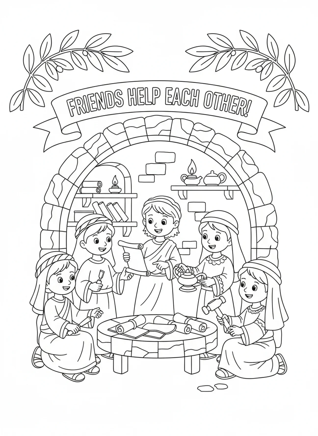 Des personnes partageant des idées et des outils, Proverbes 27:17 page à colorier pour les enfants de l'École du dimanche âgés de 5 à 12 ans