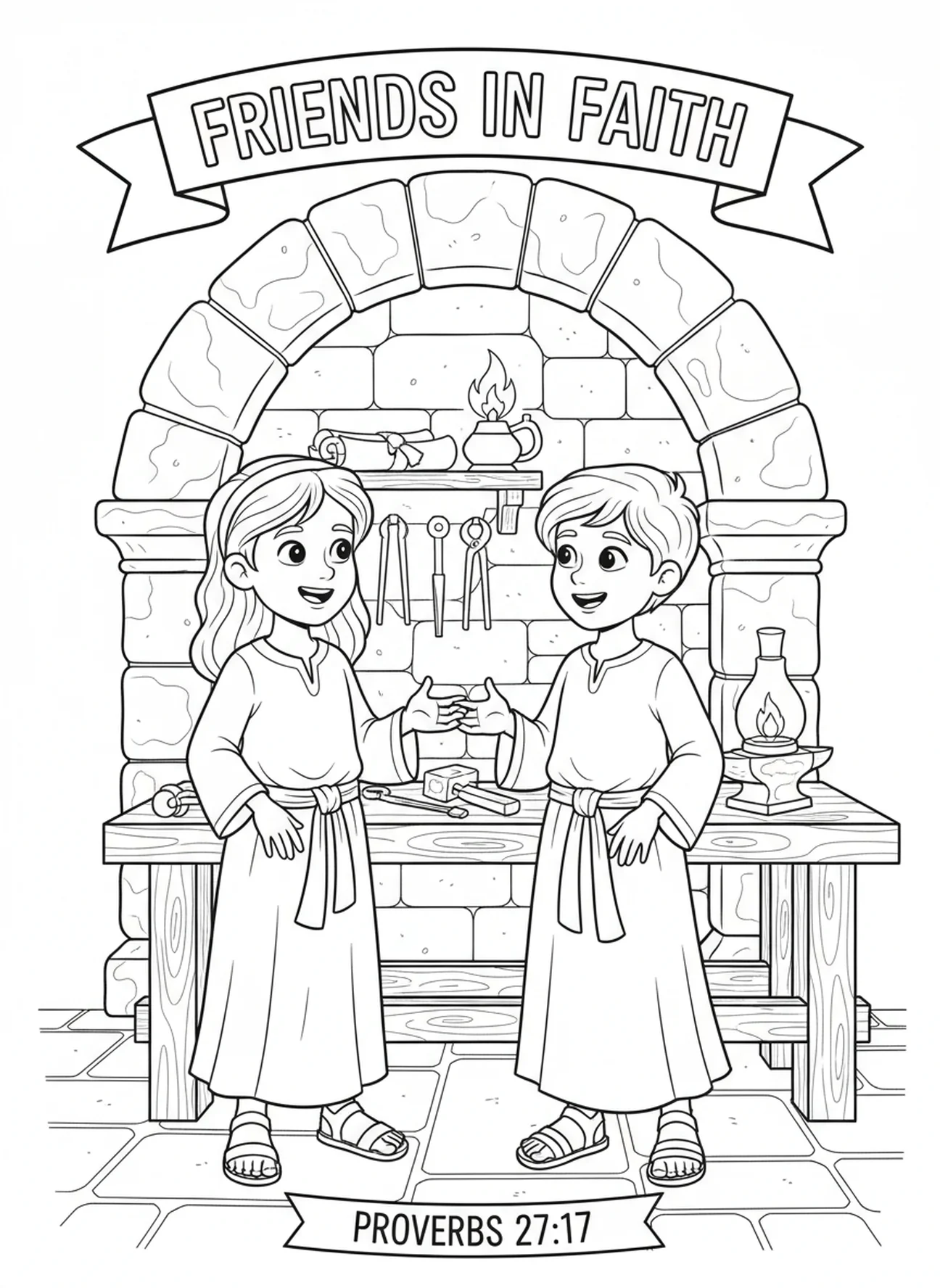 Deux amis en robes, Proverbes 27:17 La ferraille aiguise, page à colorier pour l'École du dimanche enfants de 5 à 12 ans