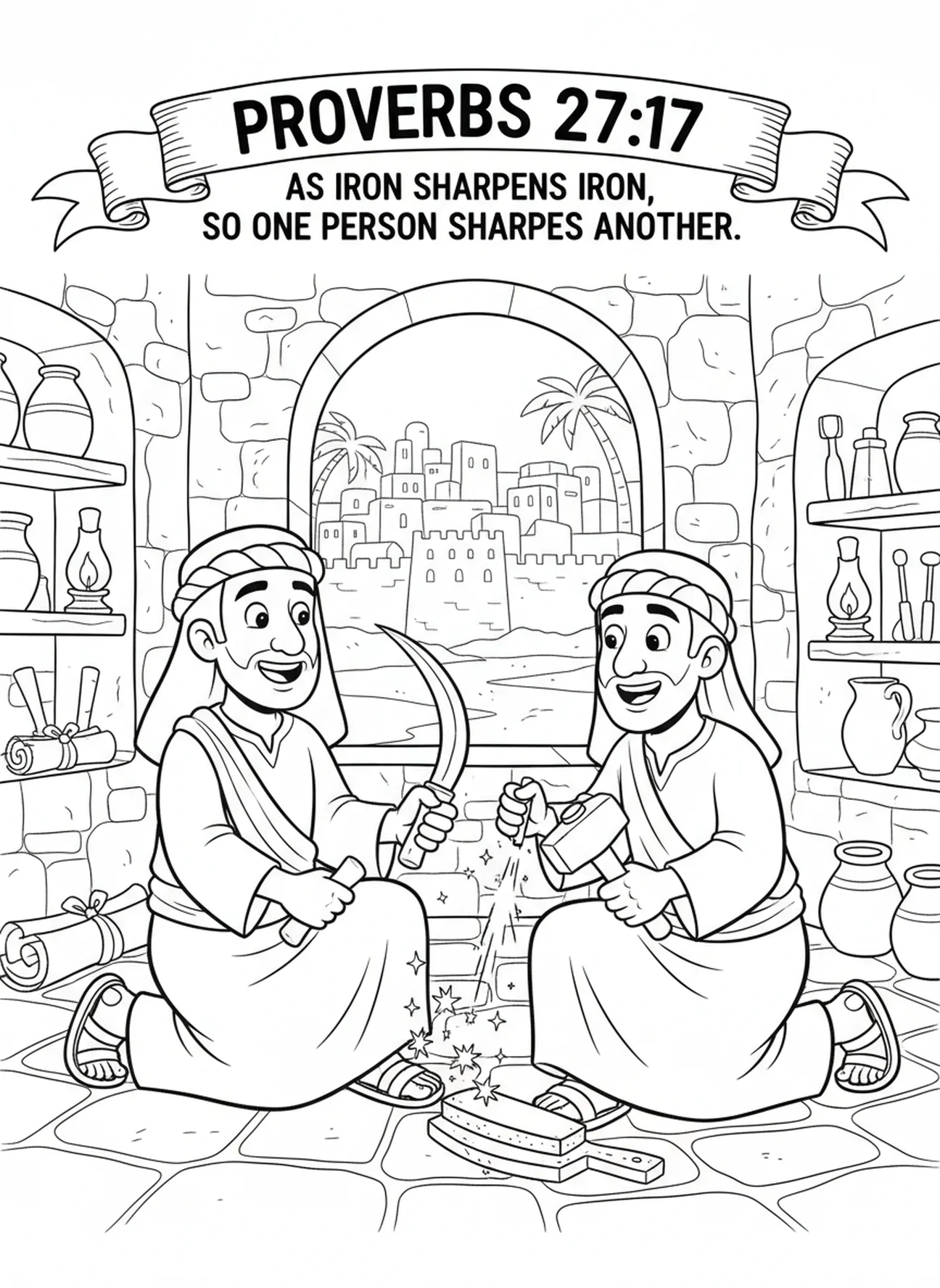 Deux hommes aiguisant des outils, Proverbes 27:17 page à colorier pour l'École du dimanche enfants de 5 à 12 ans