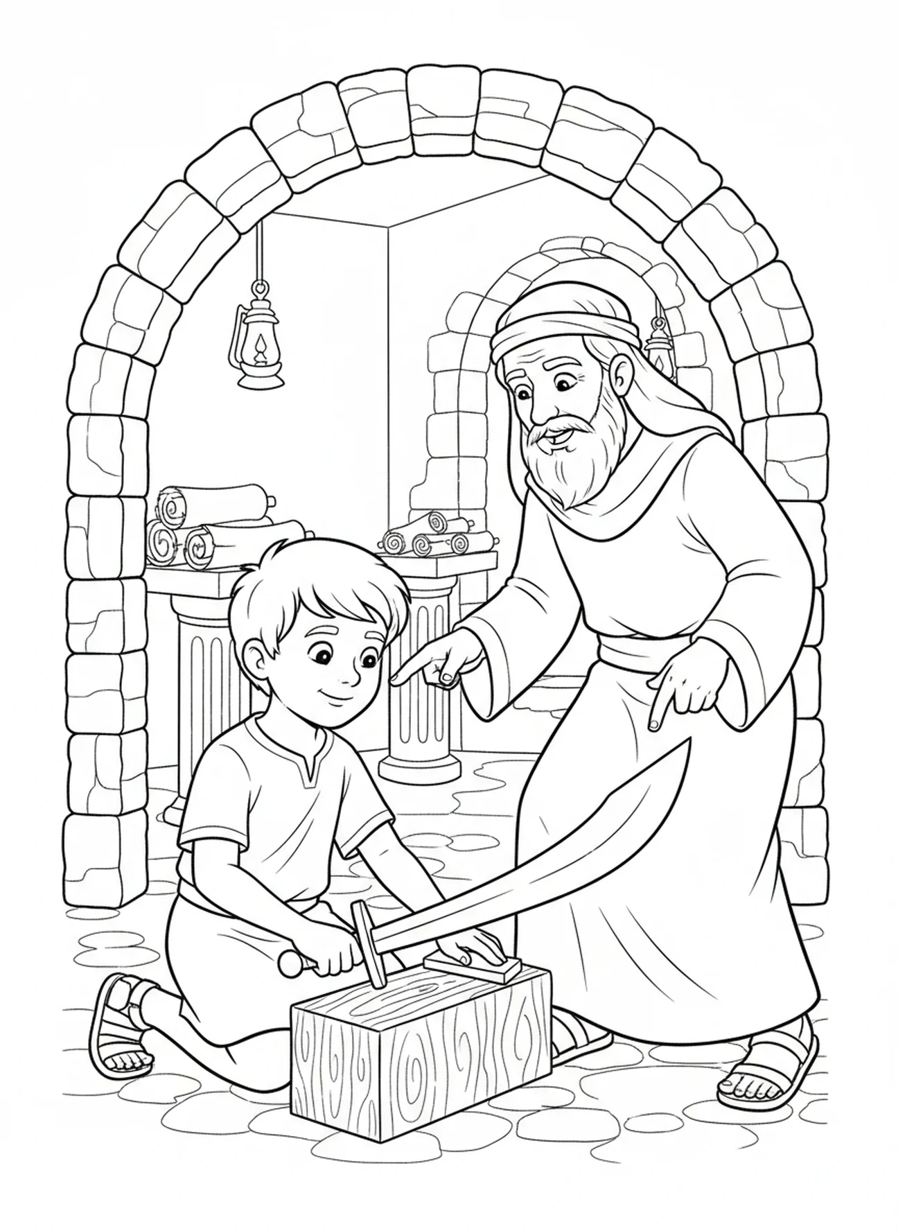 Apprenti aiguisant une épée, Proverbes 27:17 Aiguise le fer page à colorier pour les enfants de l'École du dimanche âgés de 5 à 12 ans