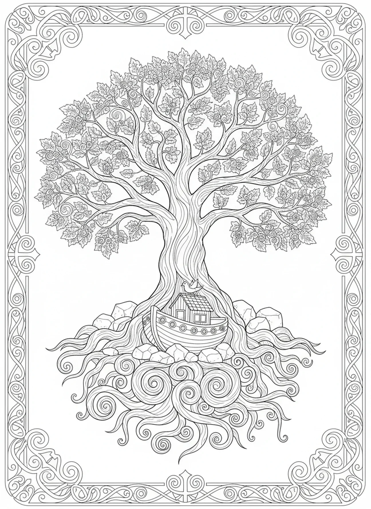 Majestätischer Baum mit kunstvollen Wurzeln, Sprüche 3, 5-6 Ausmalbild für Erwachsene im Bibel-Journaling-Stil
