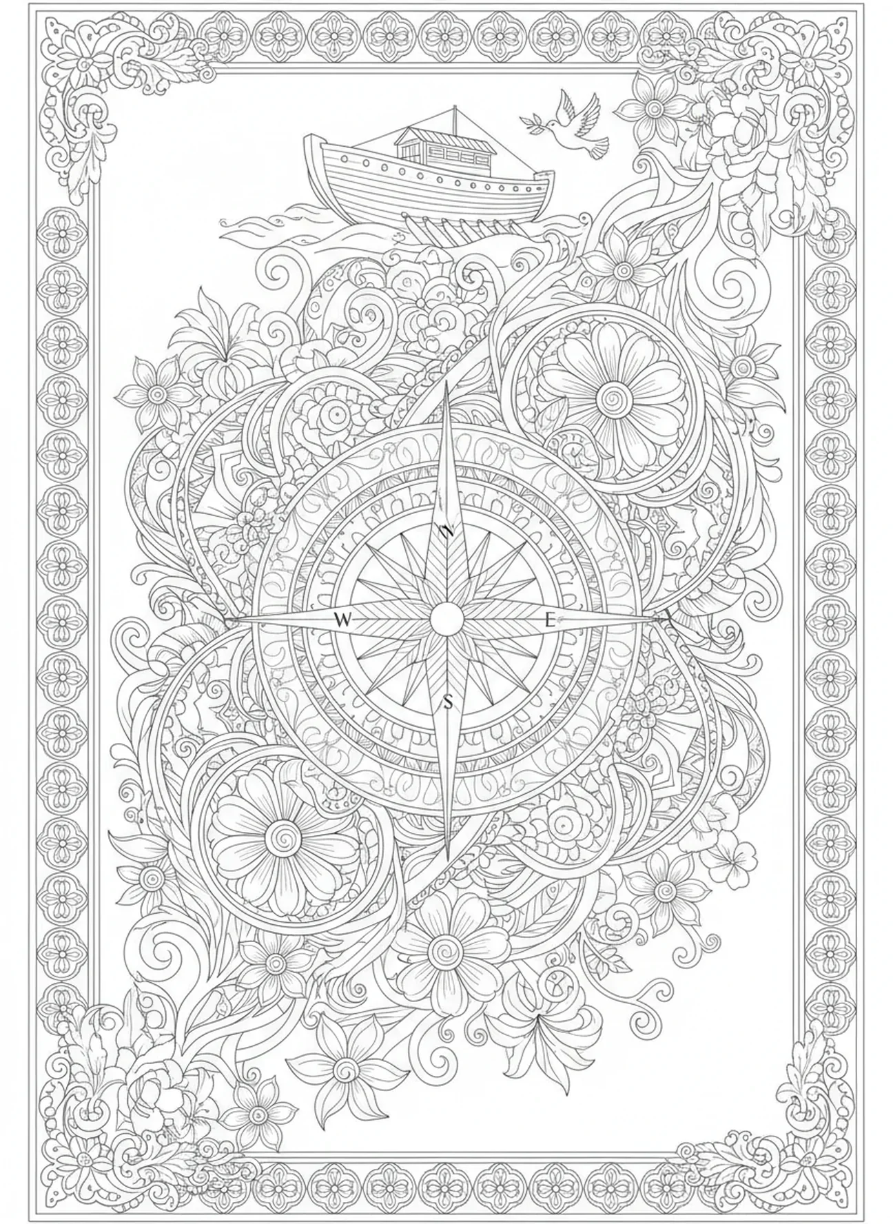 Kompass umgeben von floralen Mustern, Sprüche 3, 5-6 Ausmalbild für Erwachsene im Bibel-Journaling-Stil