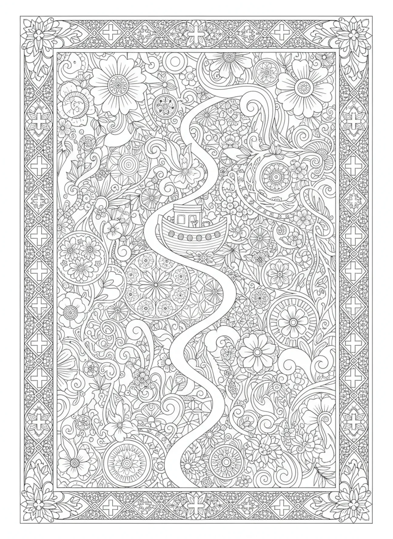 Ausgefallener Weg mit floralen Designs, Sprüche 3, 5-6 Ausmalbild für Erwachsene im Bibel-Journaling-Stil