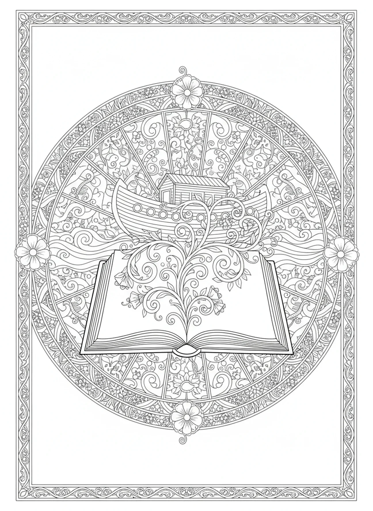 Offenes Buch mit floralen Designs, Sprüche 3, 5-6 Ausmalbild für Erwachsene im Bibel-Journaling-Stil