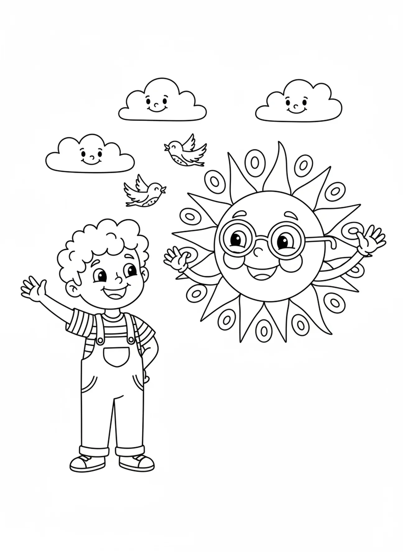 Niño saludando a un sol sonriente, página para colorear de Proverbios 3:5-6 para niños de 5 a 10 años.