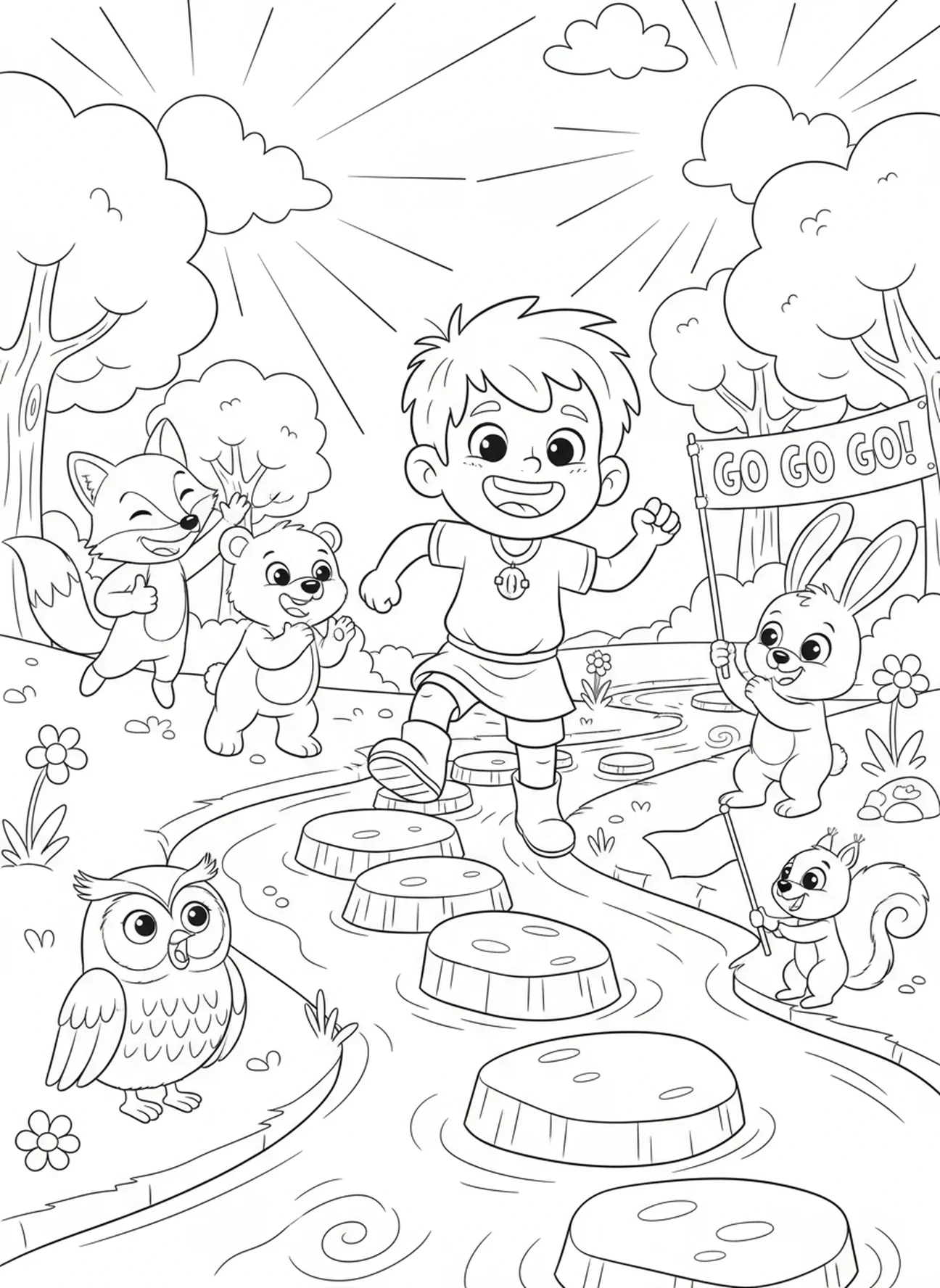 Niño caminando sobre piedras con animales, página para colorear de Proverbios 3:5-6 para niños de 5 a 10 años.