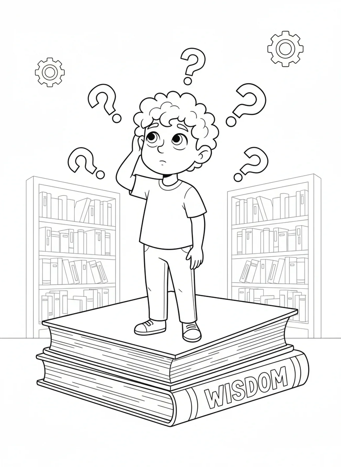 Niño pensativo sobre un libro de sabiduría, página para colorear de Proverbios 3:5-6 para niños de 5 a 10 años.