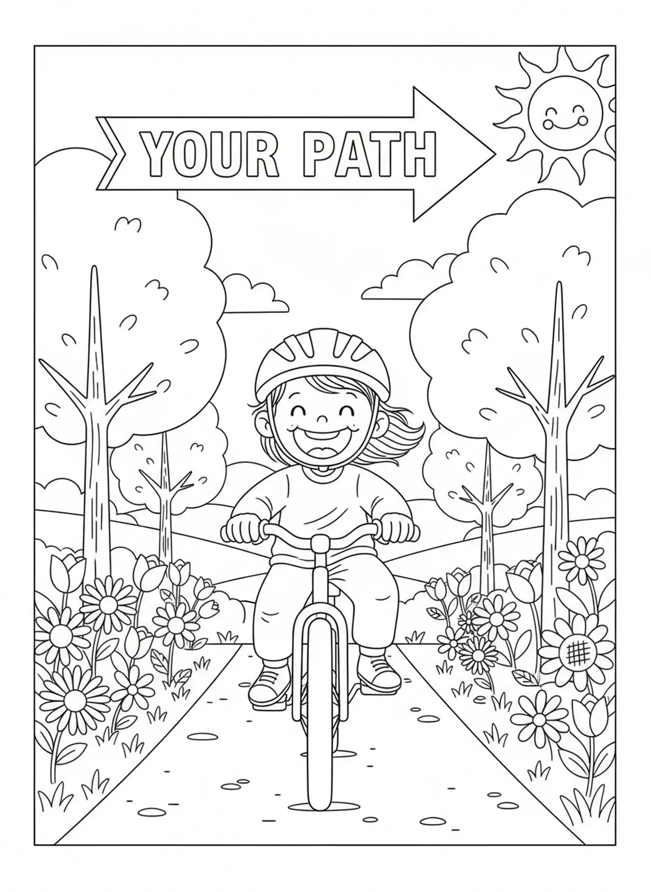 Niño montando una bicicleta en un camino, página para colorear de Proverbios 3:5-6 para niños de 5 a 10 años.
