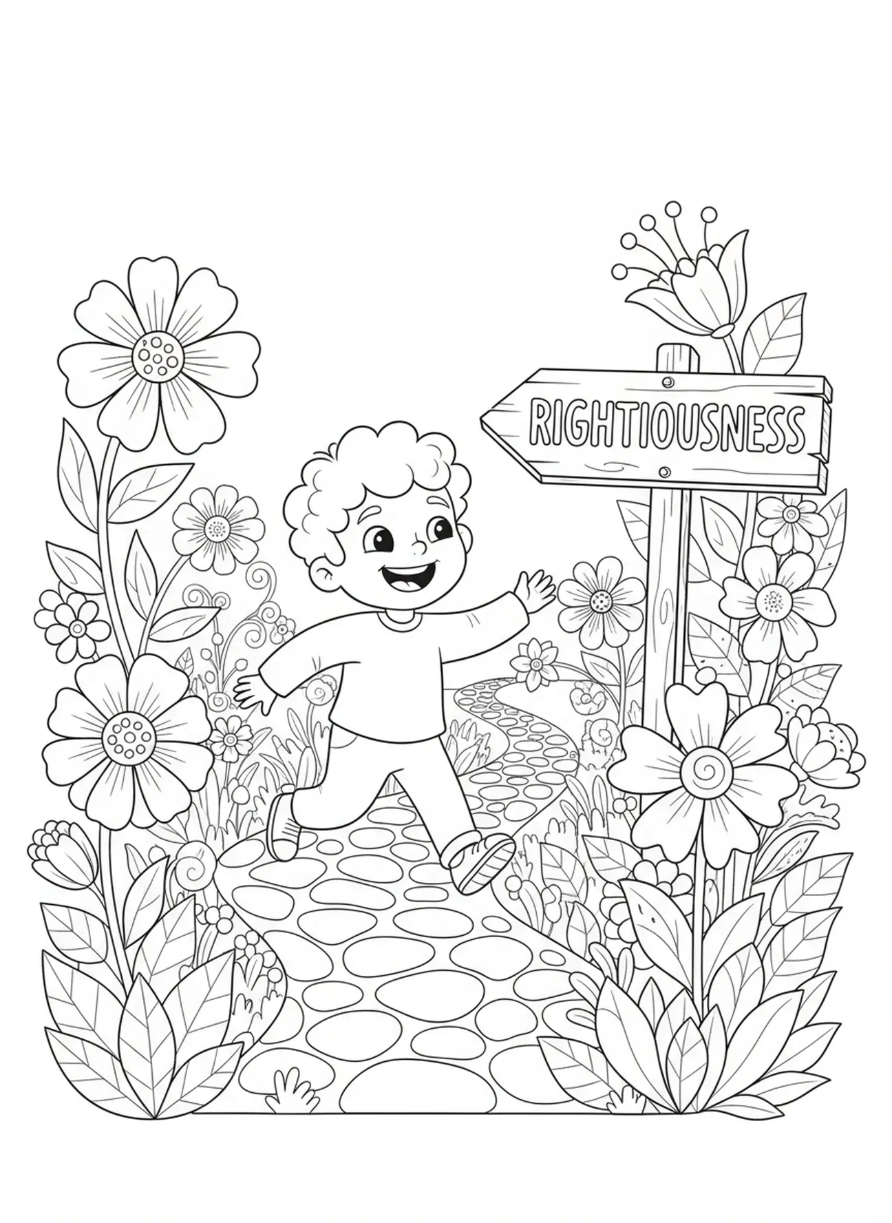 Niño caminando por un sendero, página para colorear de Proverbios 3:5-6 para niños de 5 a 10 años.
