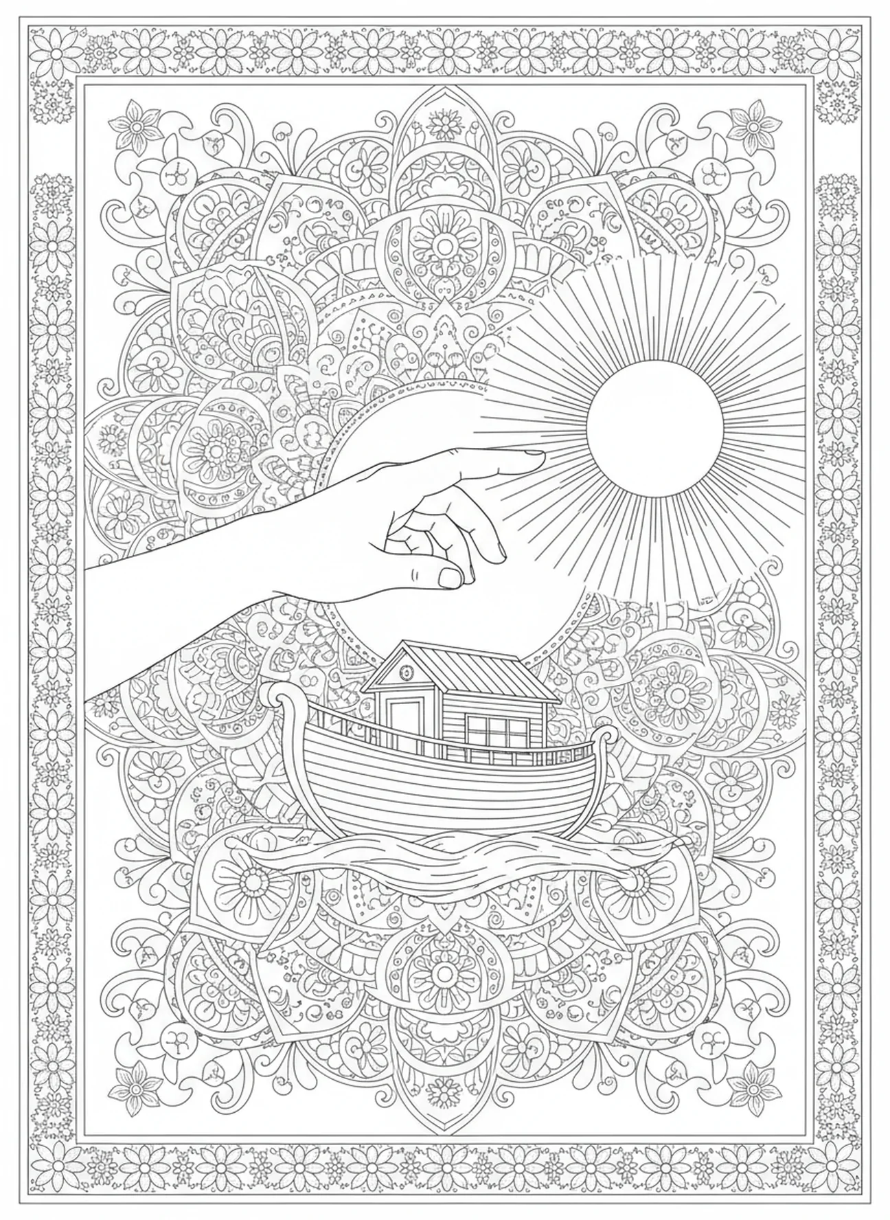 Mano extendida hacia la luz, Proverbios 3:5 Página para colorear de confianza en el Señor estilo de journaling bíblico para adultos.