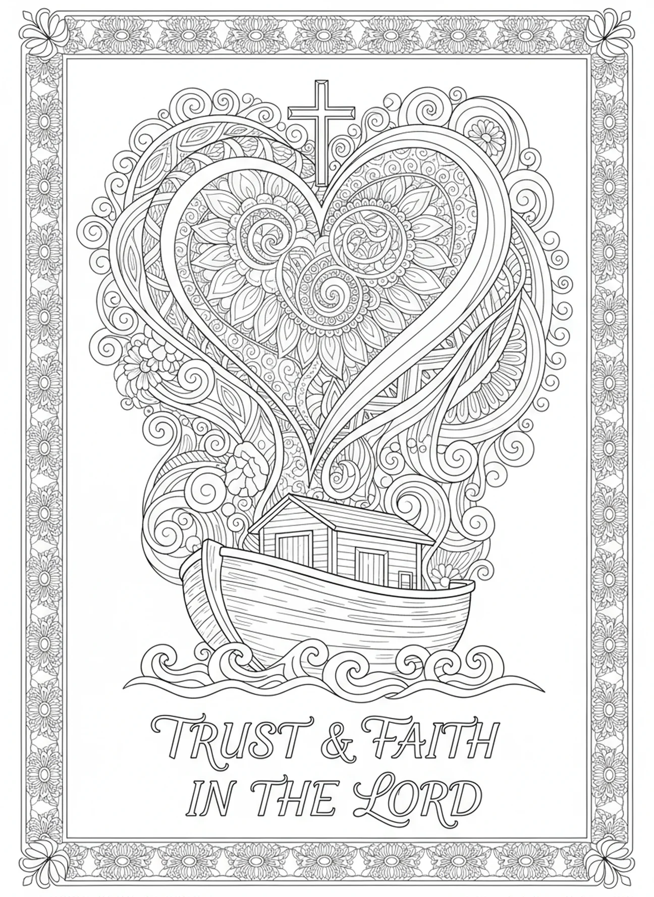 Corazón rodeado de diseños, Proverbios 3:5 Página para colorear de confianza en el Señor estilo journaling bíblico para adultos.