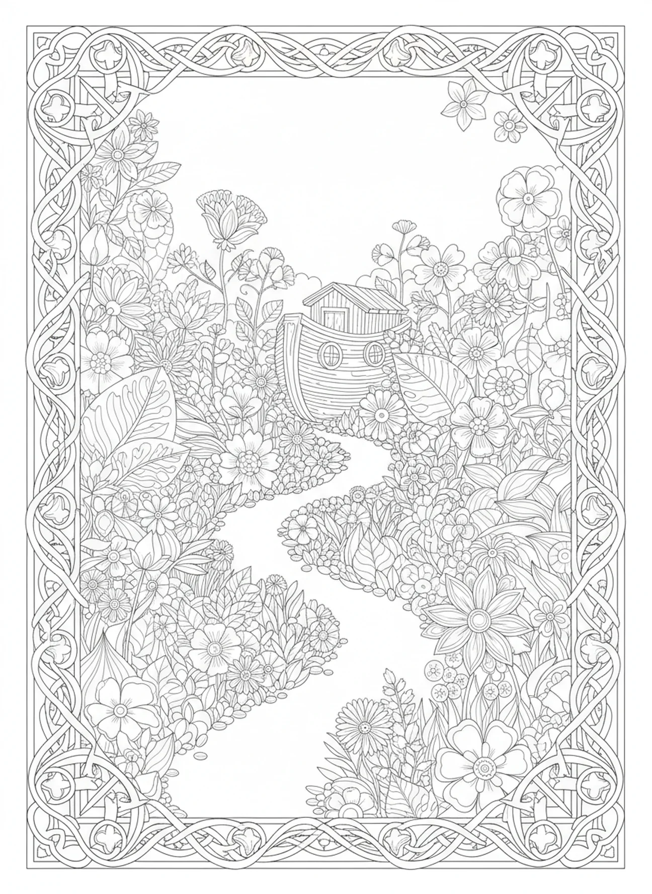 Camino serpenteante a través de un jardín, Proverbios 3:5 Confía en el Señor página para colorear estilo de journaling bíblico para adultos.